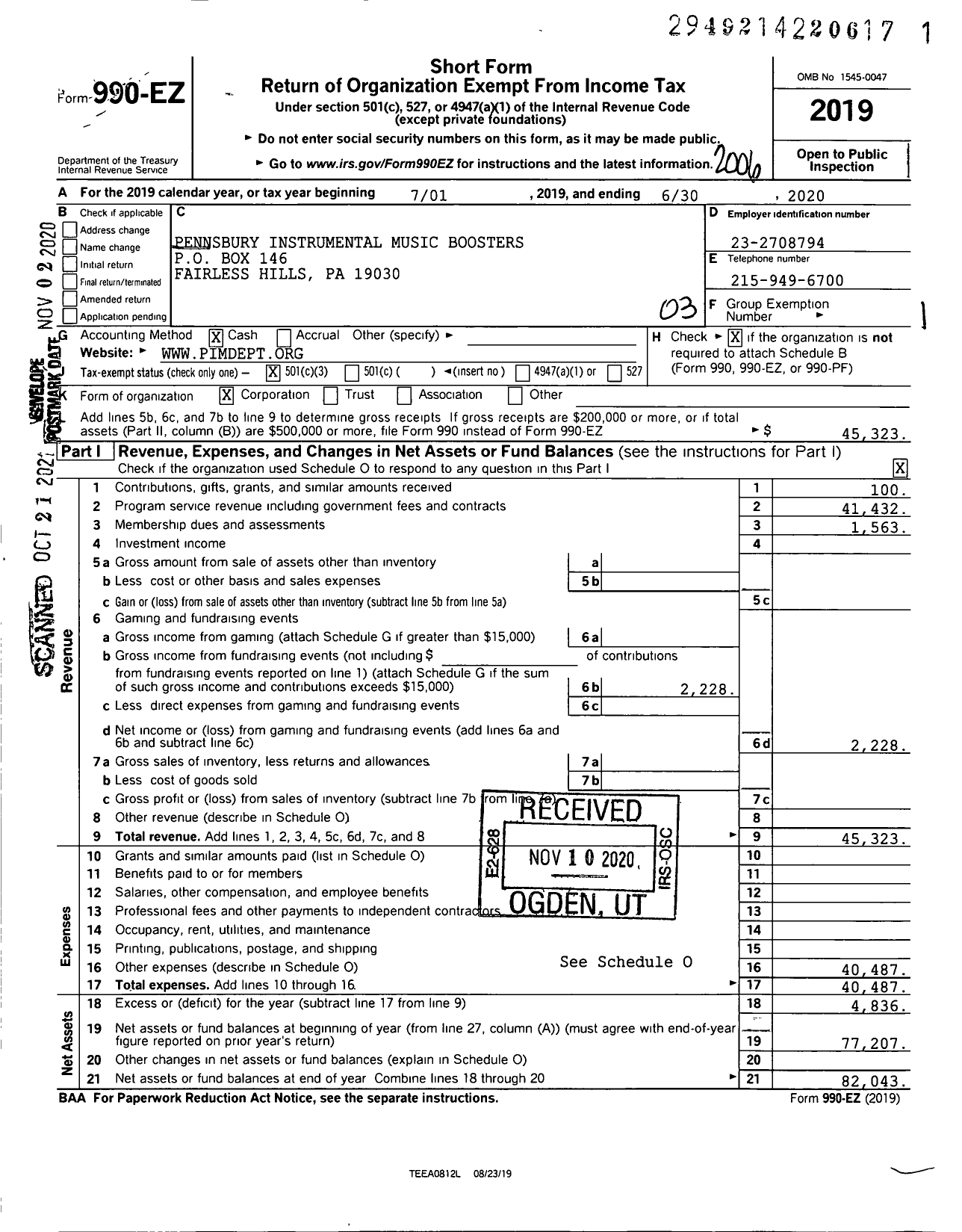 Image of first page of 2019 Form 990EZ for Pennsbury Instrumental Music Boosters