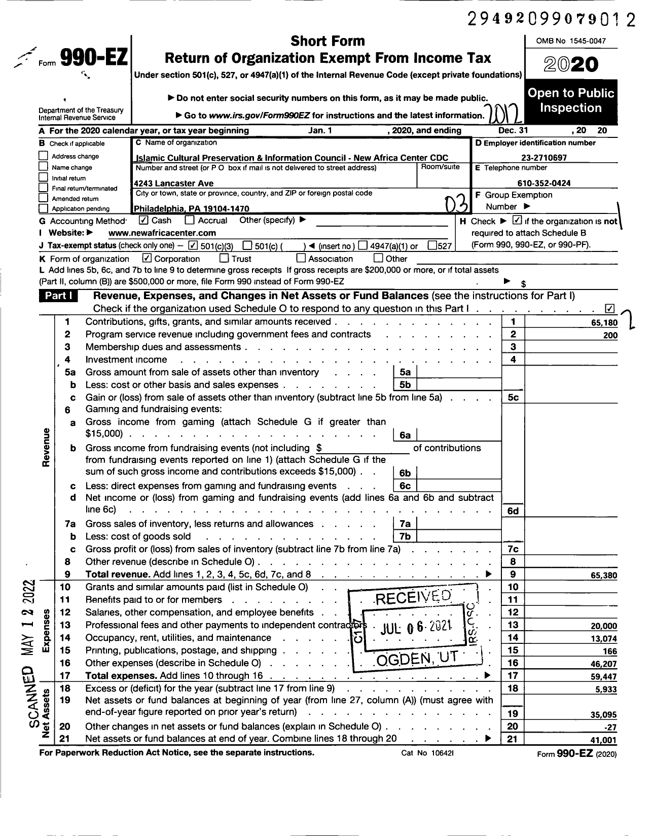 Image of first page of 2020 Form 990EZ for ICPIC New Africa Center