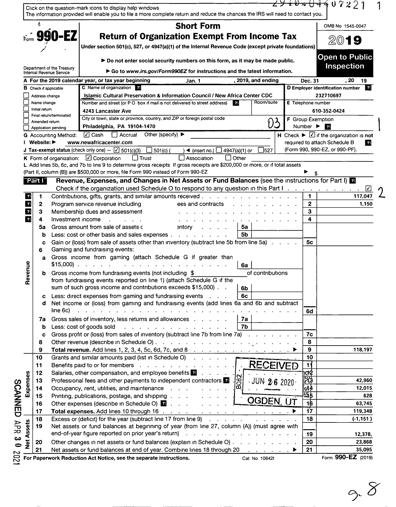 Image of first page of 2019 Form 990EZ for ICPIC New Africa Center