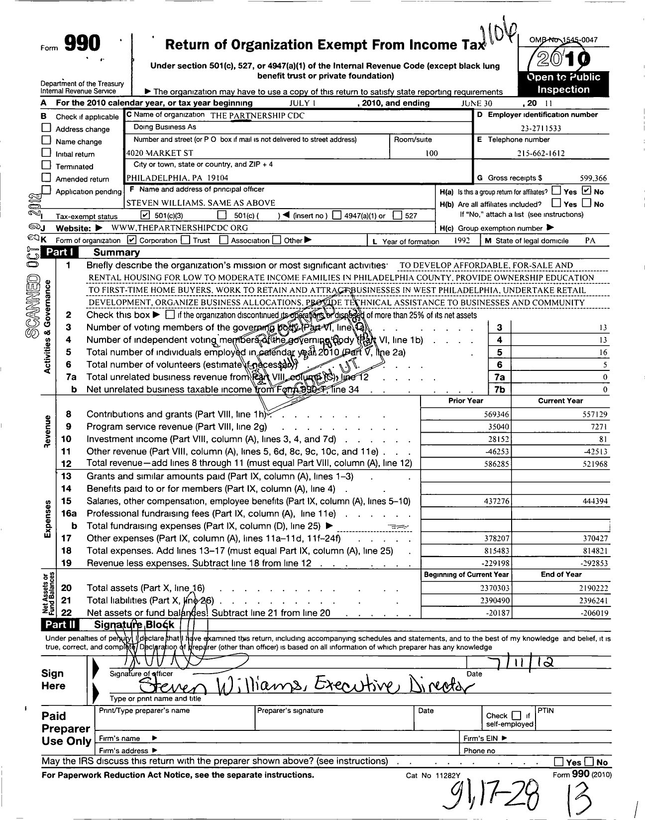 Image of first page of 2010 Form 990 for The Partnership CDC