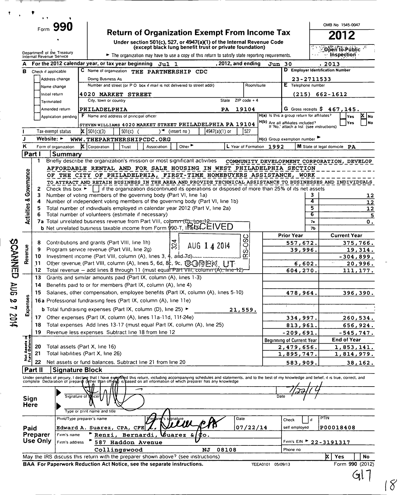 Image of first page of 2012 Form 990 for The Partnership CDC