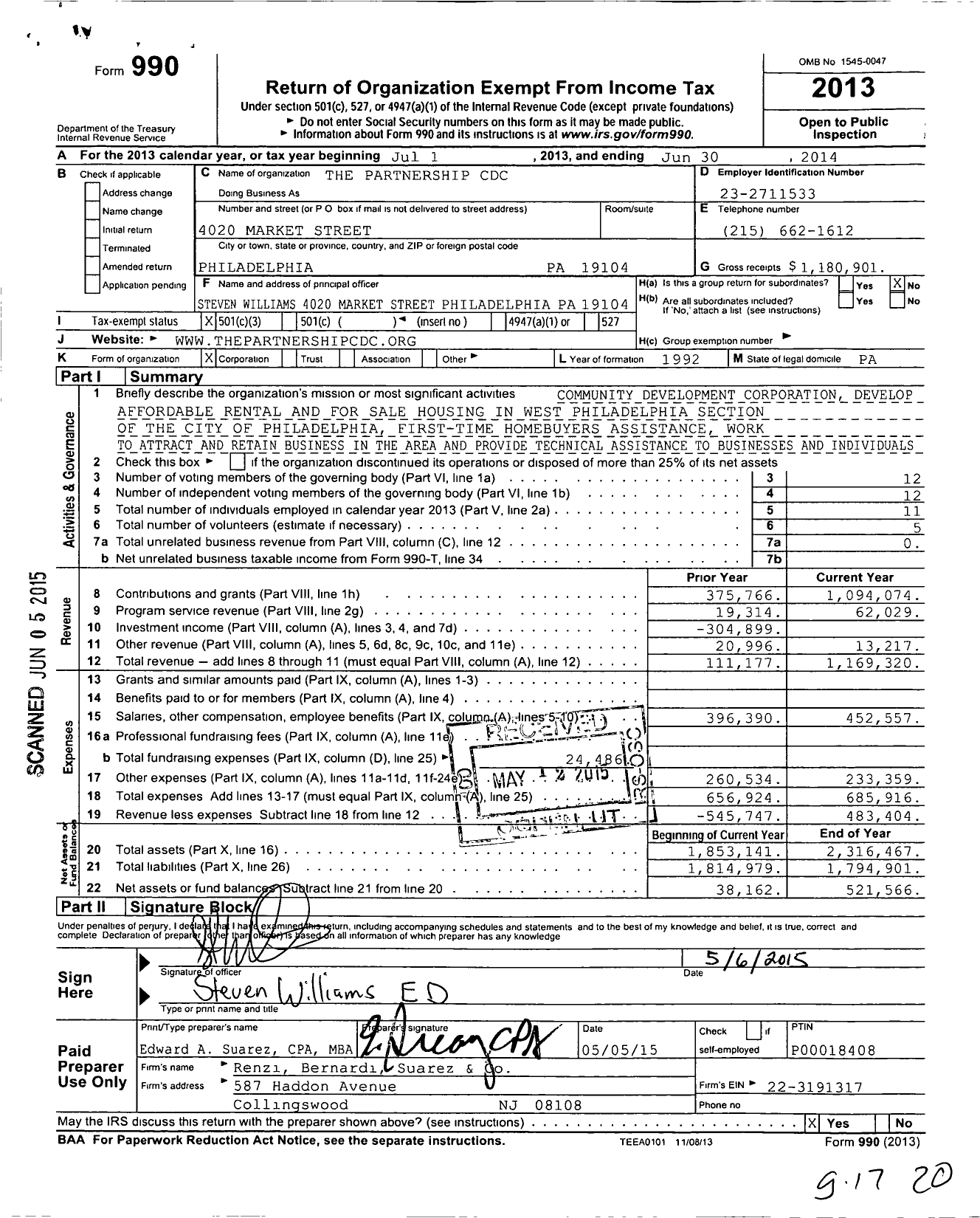 Image of first page of 2013 Form 990 for The Partnership CDC