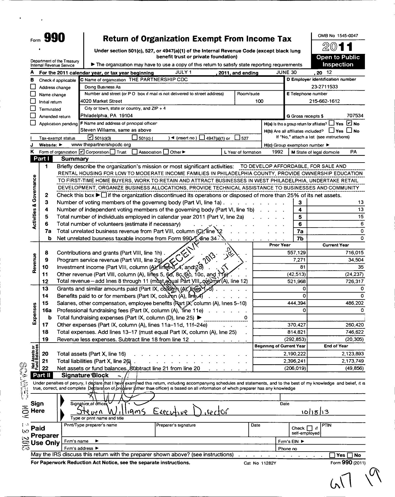 Image of first page of 2011 Form 990 for The Partnership CDC