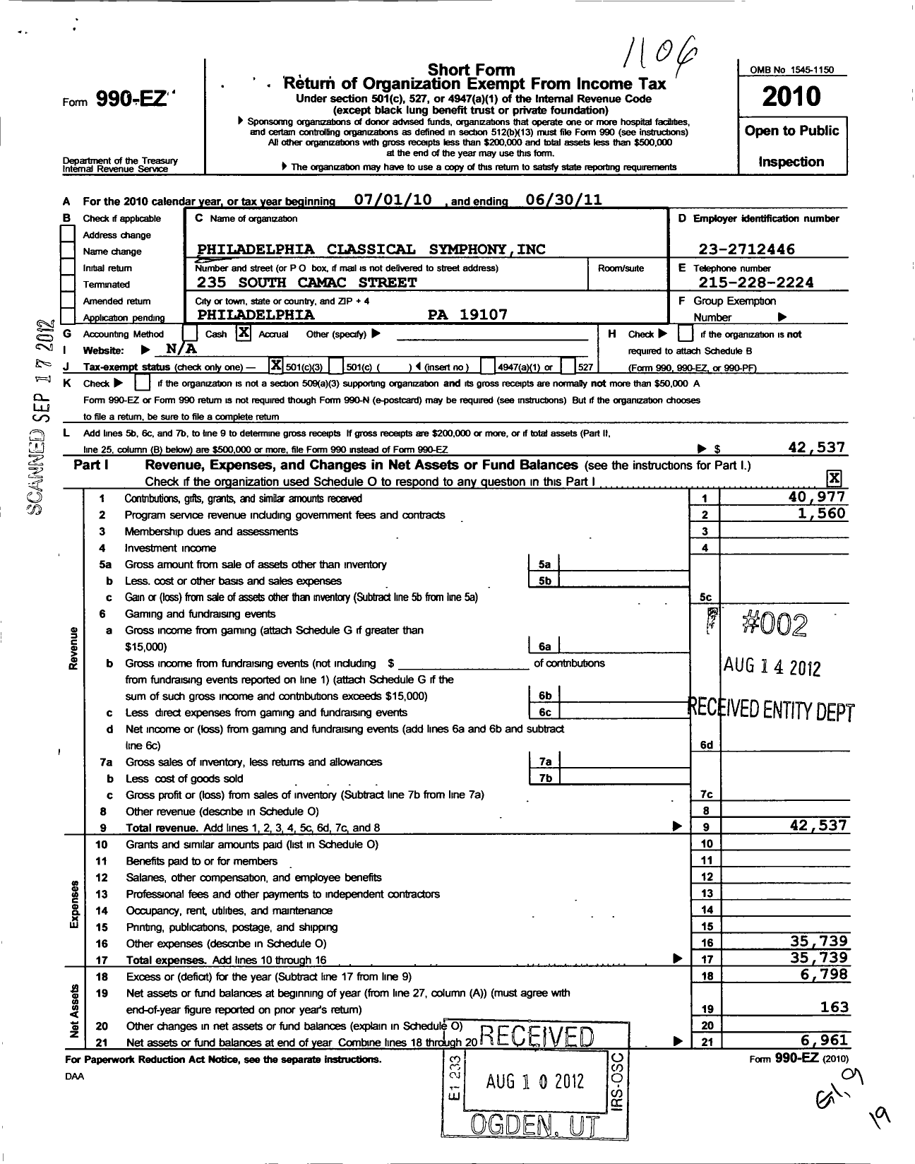 Image of first page of 2010 Form 990EZ for Philadelphia Classical Symphony