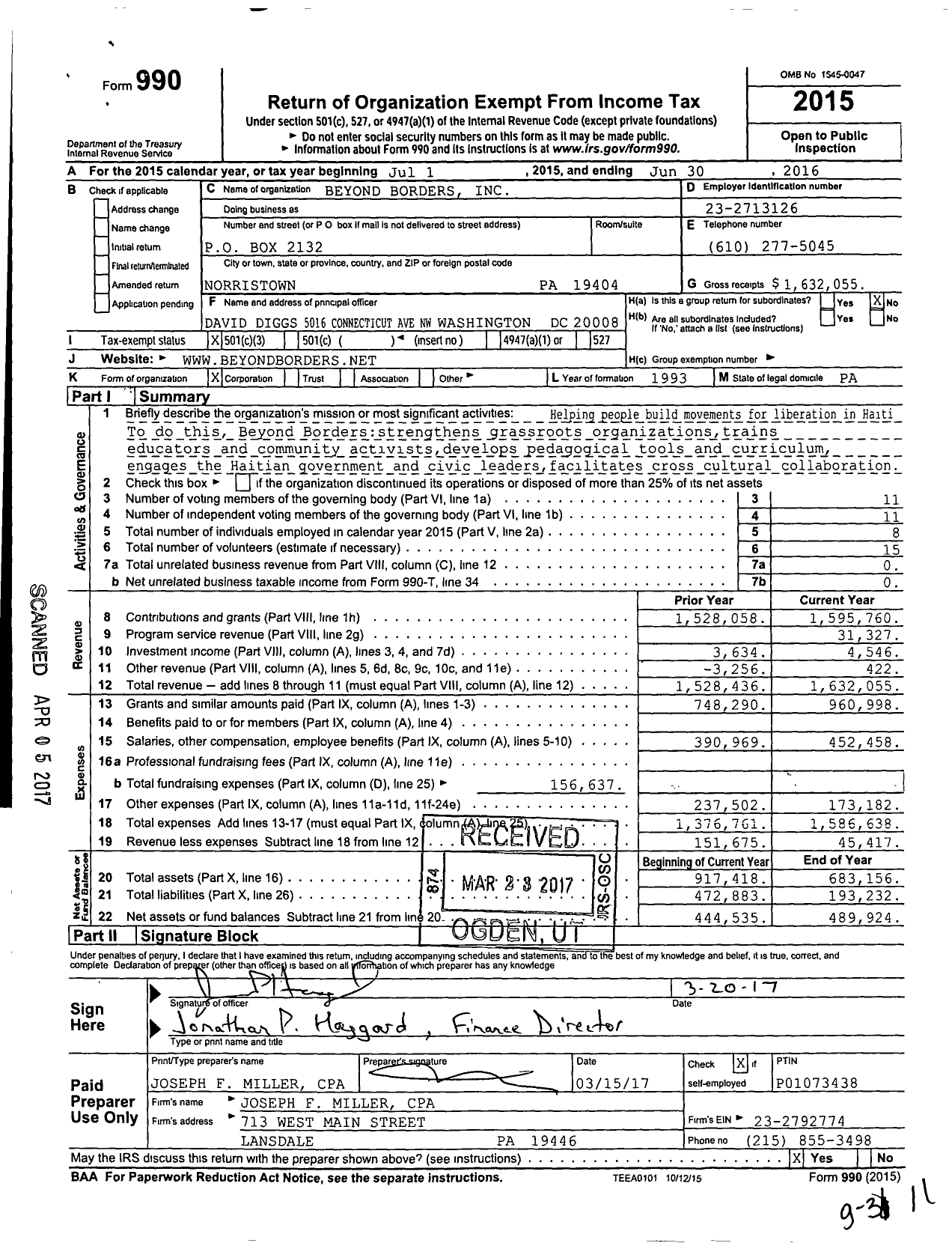 Image of first page of 2015 Form 990 for Beyond Borders Haiti