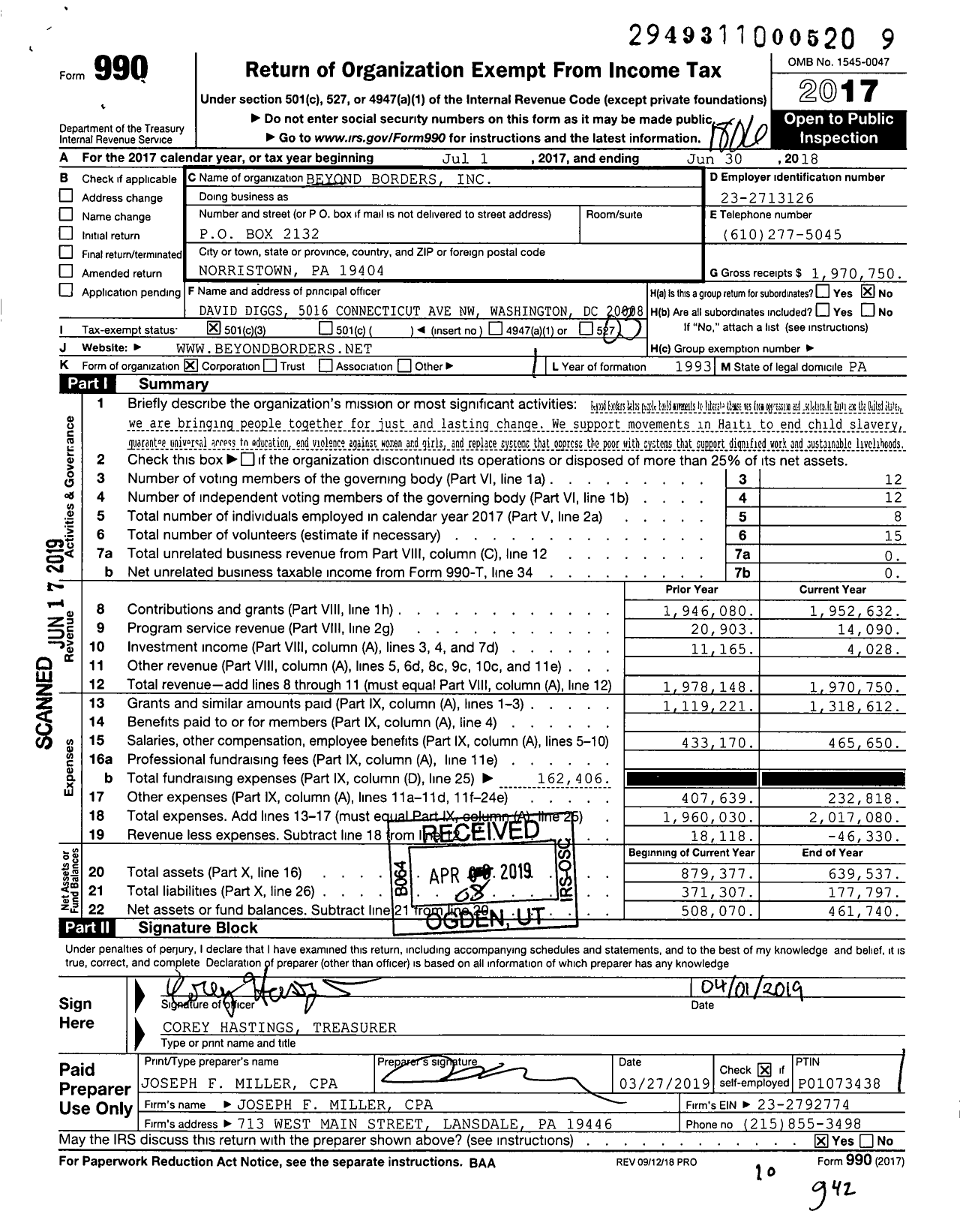 Image of first page of 2017 Form 990 for Beyond Borders Haiti