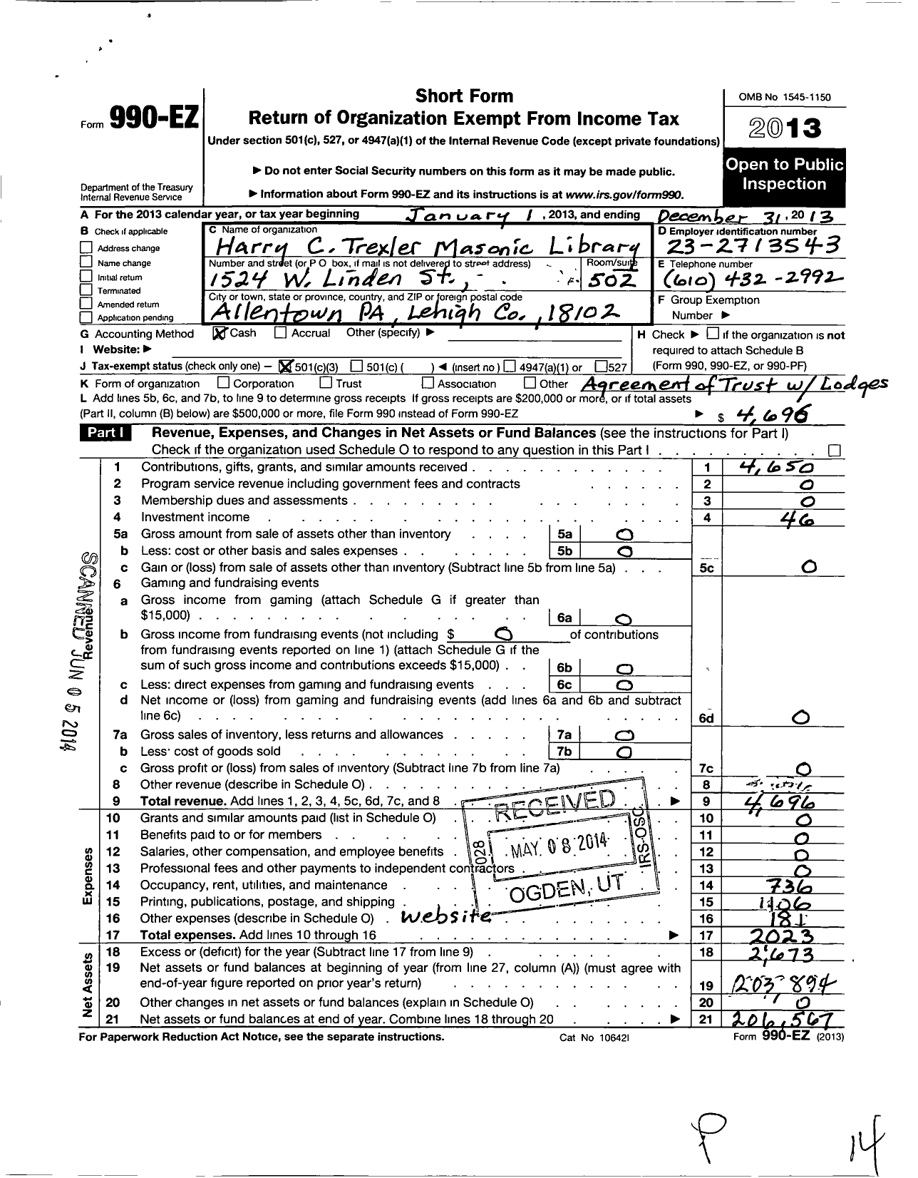 Image of first page of 2013 Form 990EZ for Harry C Trexler Masonic Library