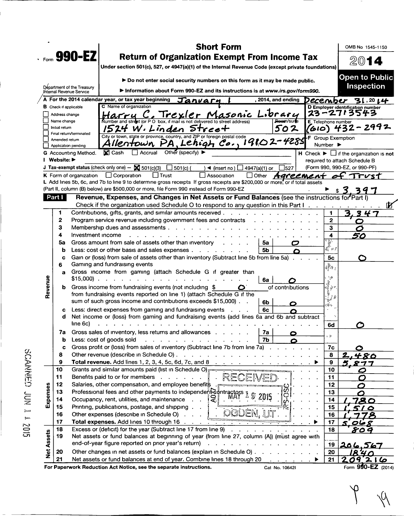 Image of first page of 2014 Form 990EZ for Harry C Trexler Masonic Library