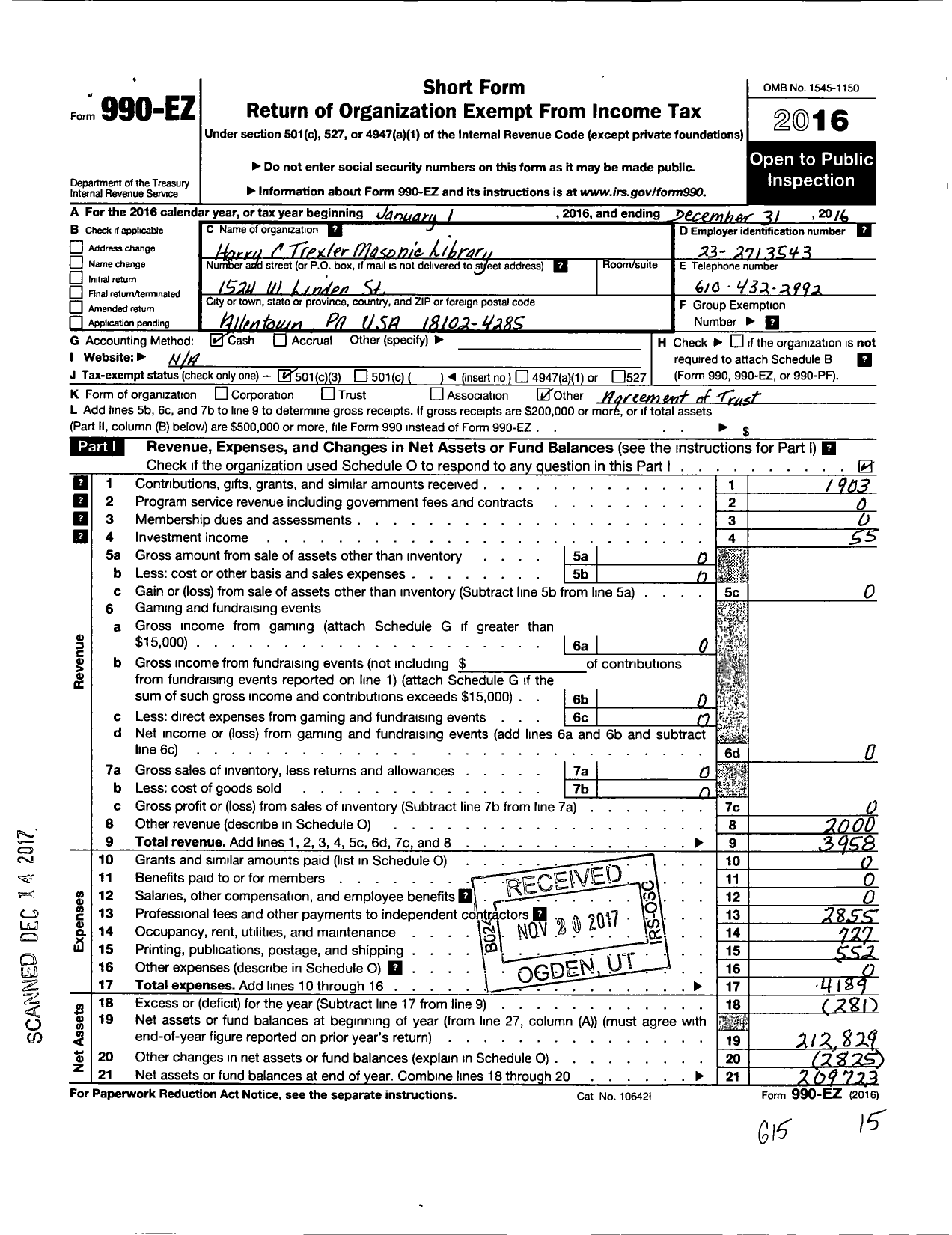 Image of first page of 2016 Form 990EZ for Harry C Trexler Masonic Library