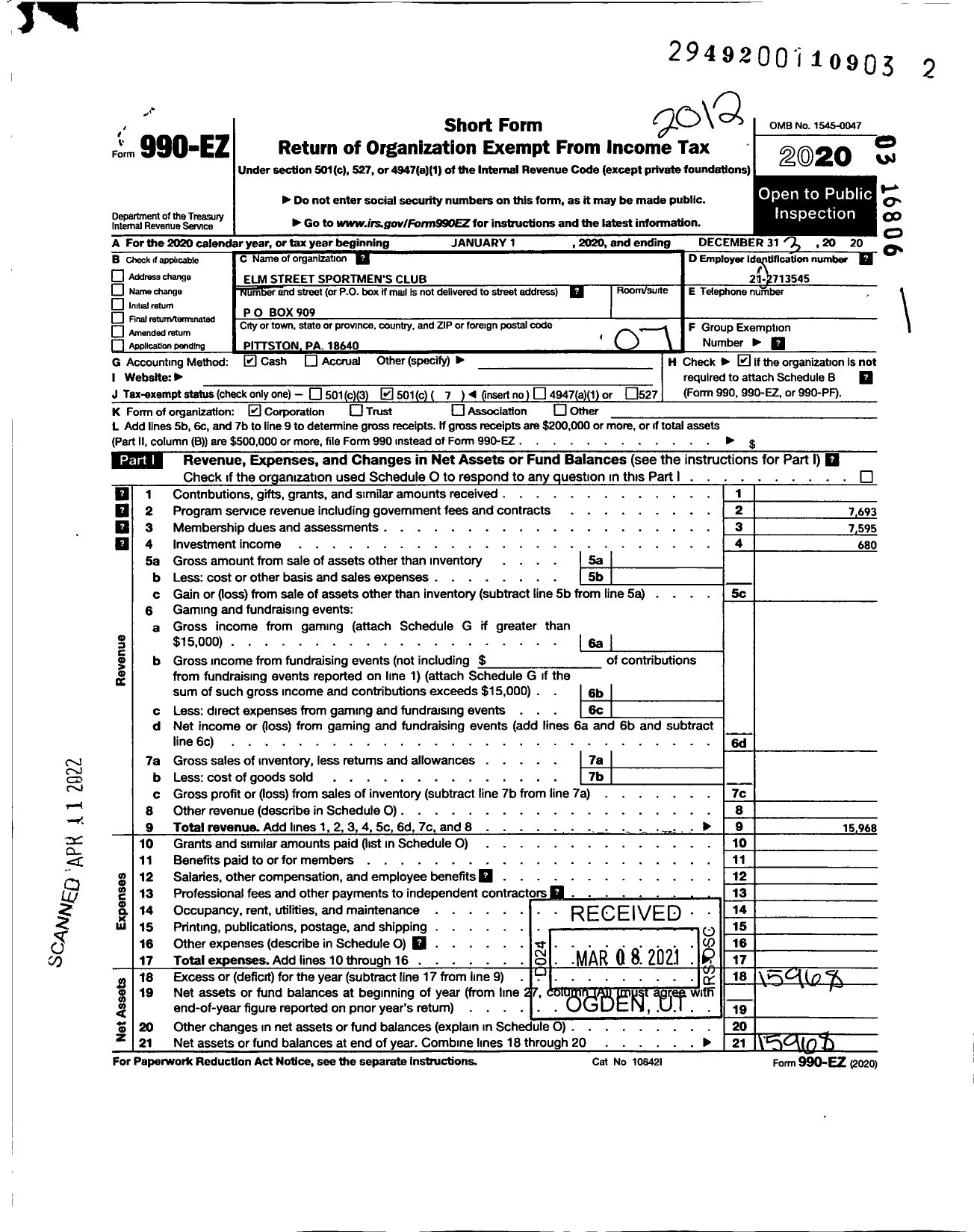 Image of first page of 2020 Form 990EO for ELM STREET SPORTSMENs CLUB