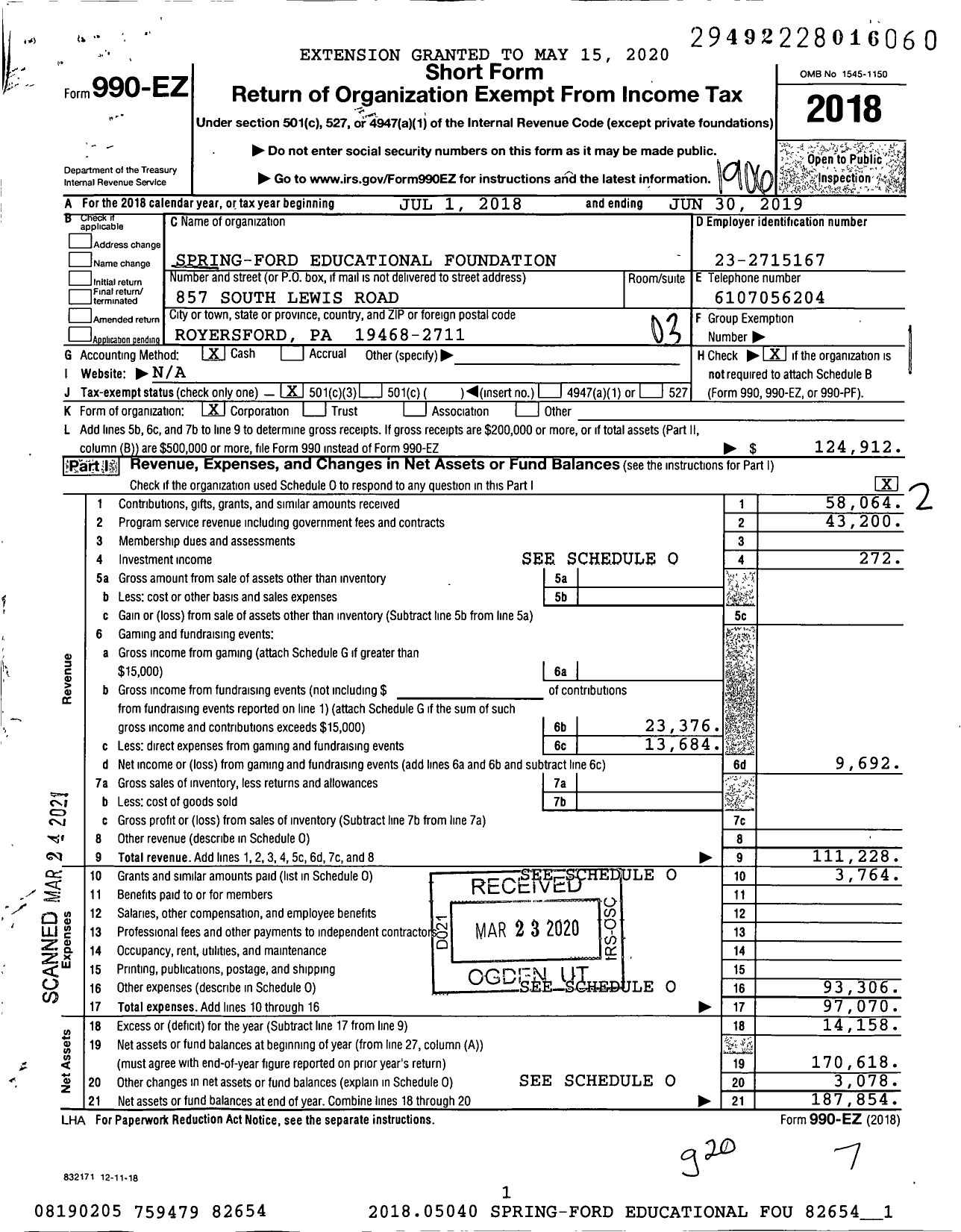 Image of first page of 2018 Form 990EZ for Spring-Ford Educational Foundation