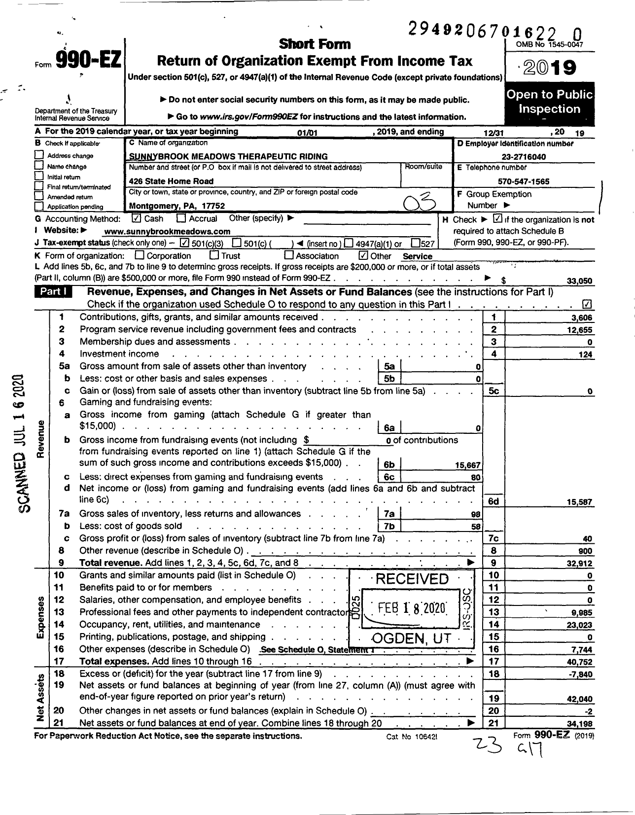 Image of first page of 2019 Form 990EZ for Sunnybrook Meadows Therapeutic Riding