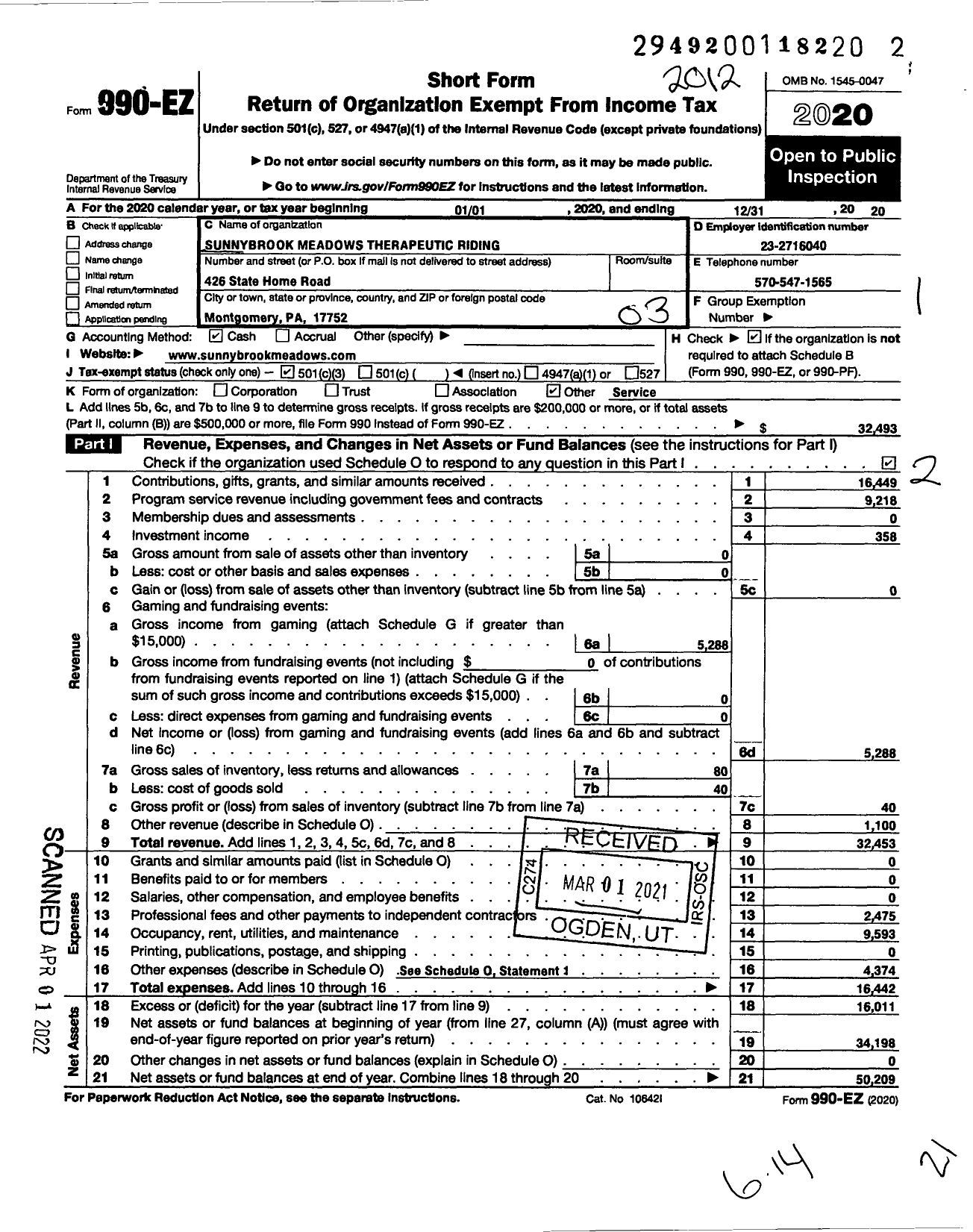 Image of first page of 2020 Form 990EZ for Sunnybrook Meadows Therapeutic Riding