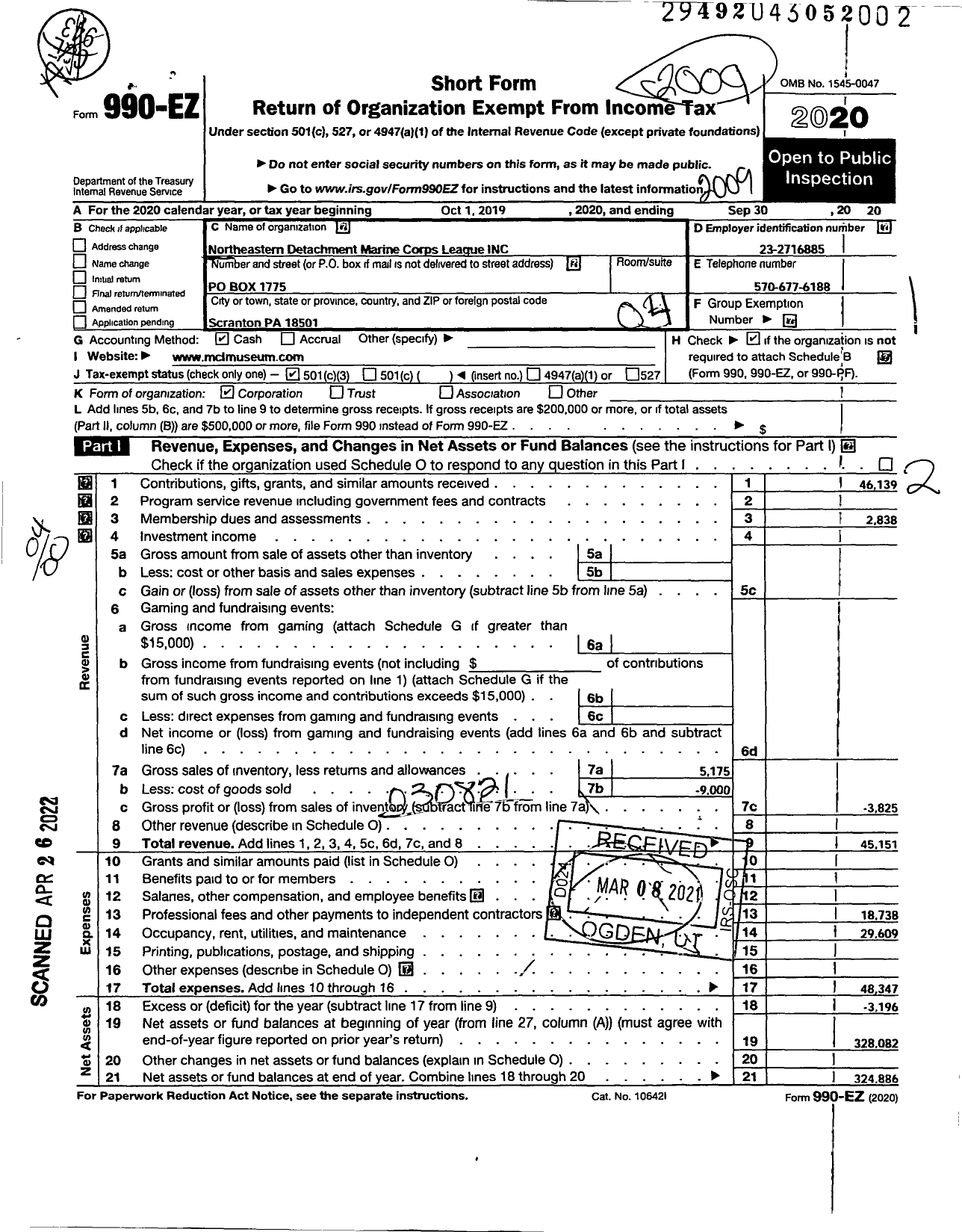 Image of first page of 2019 Form 990EO for Marine Corps League - 304 Northeastern Detachment MCL