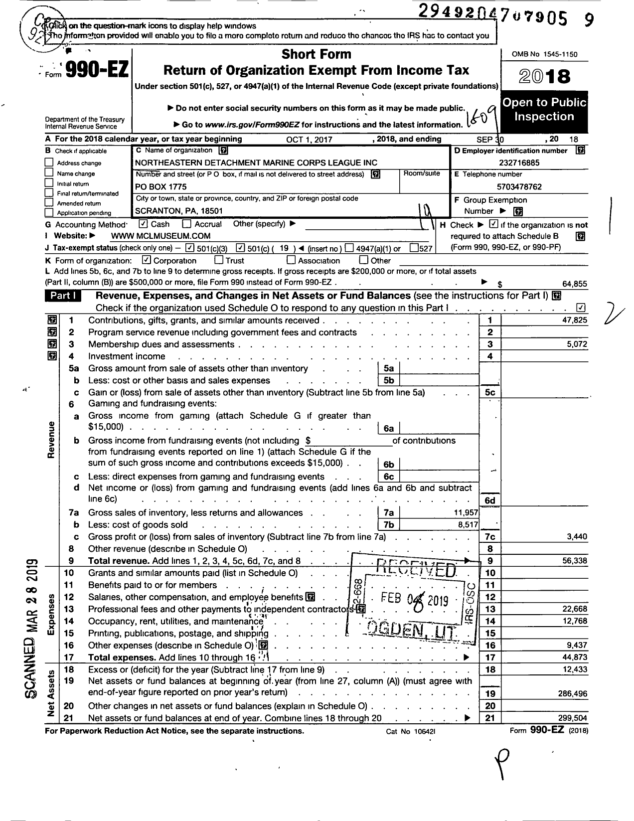 Image of first page of 2017 Form 990EO for Marine Corps League - 304 Northeastern Detachment MCL