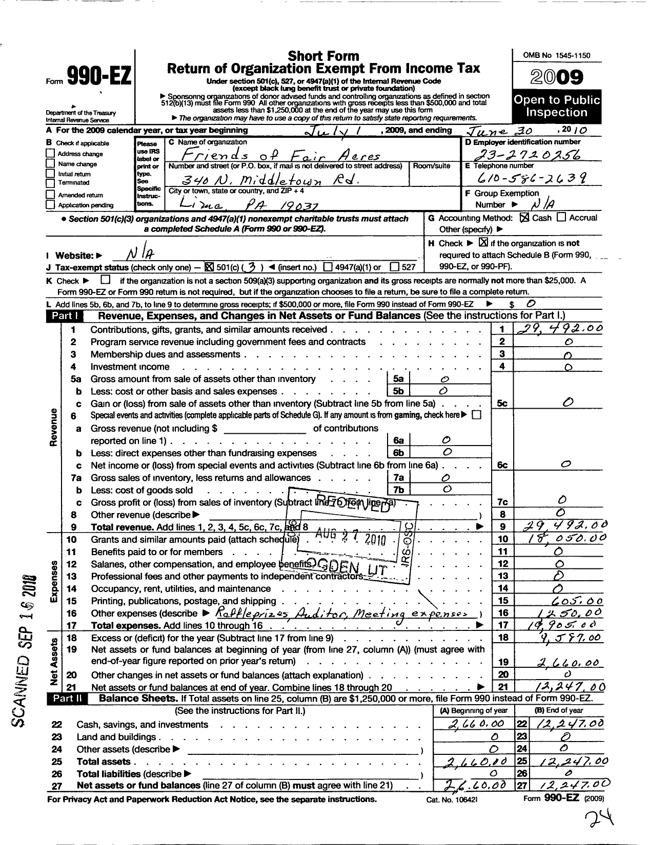 Image of first page of 2009 Form 990EZ for Friends of Fair Acres