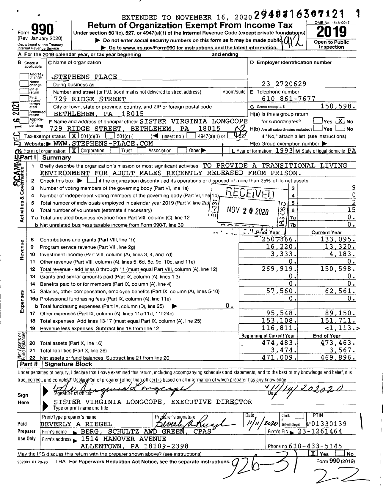 Image of first page of 2019 Form 990 for Stephens Place