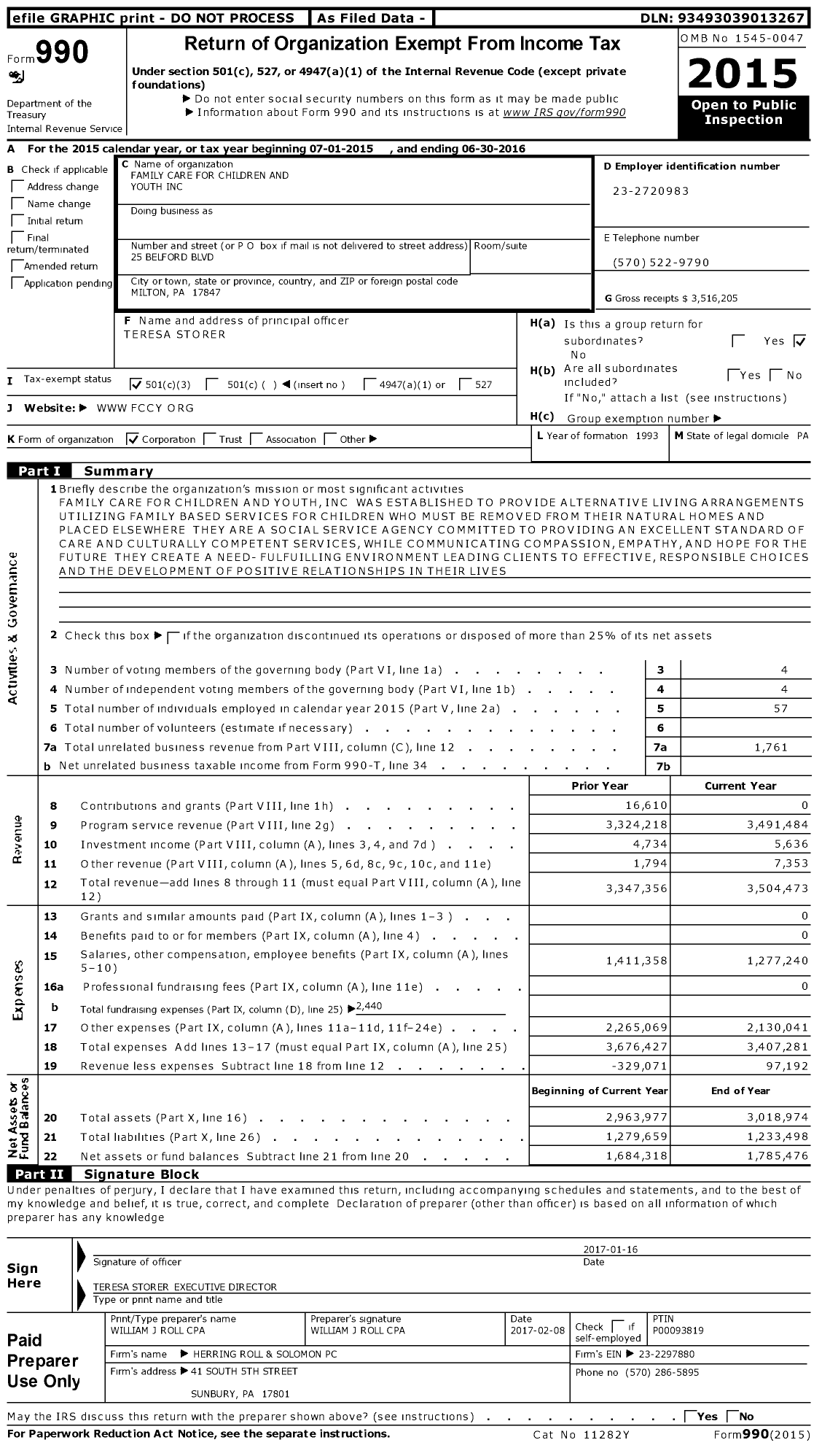 Image of first page of 2015 Form 990 for Family Care for Children and Youth