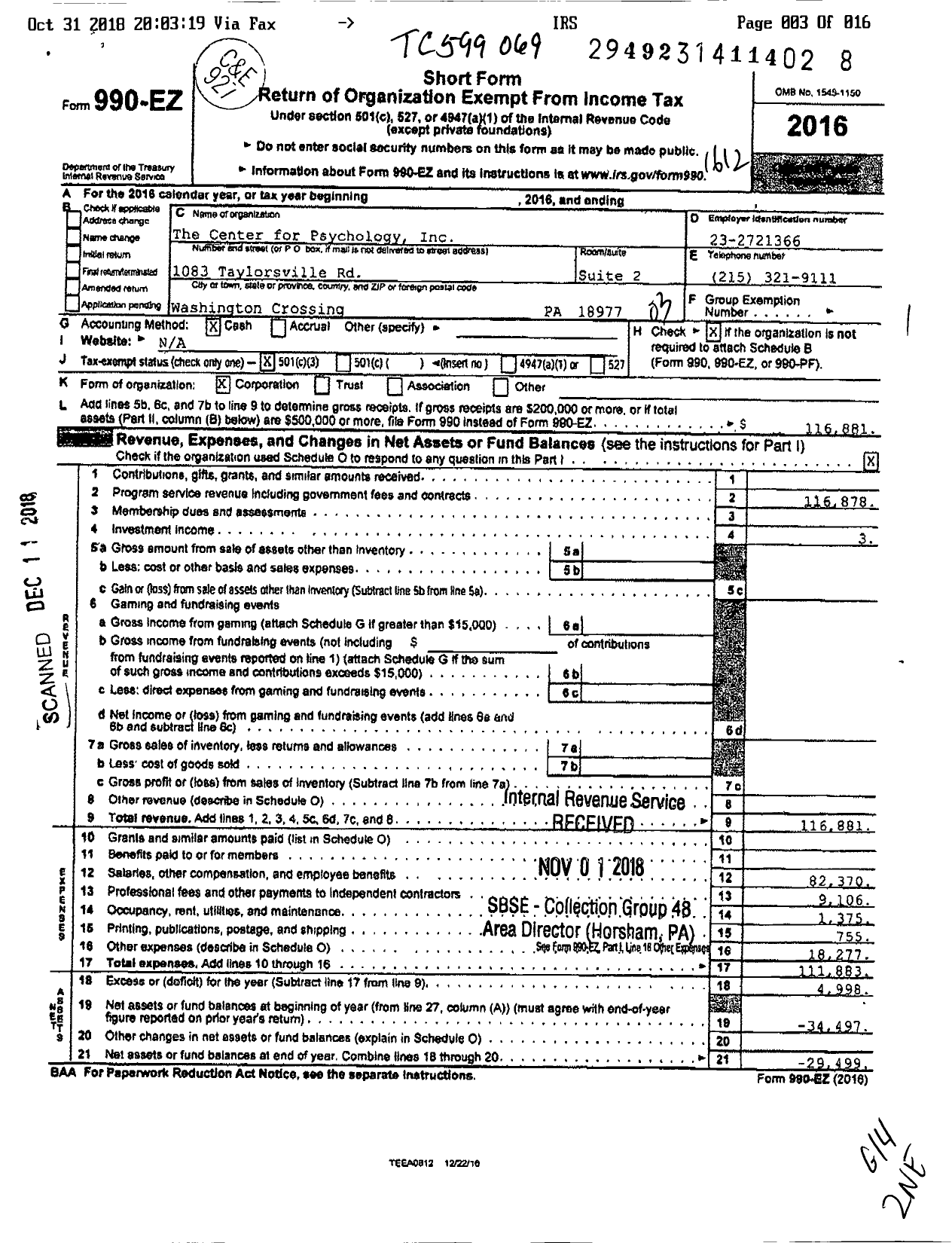 Image of first page of 2016 Form 990EZ for The Center for Psychology