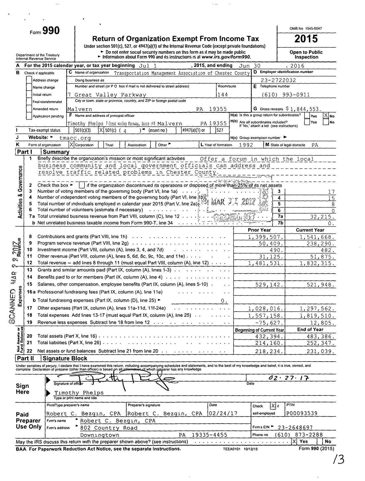 Image of first page of 2015 Form 990O for Transportation Management Association of Chester County
