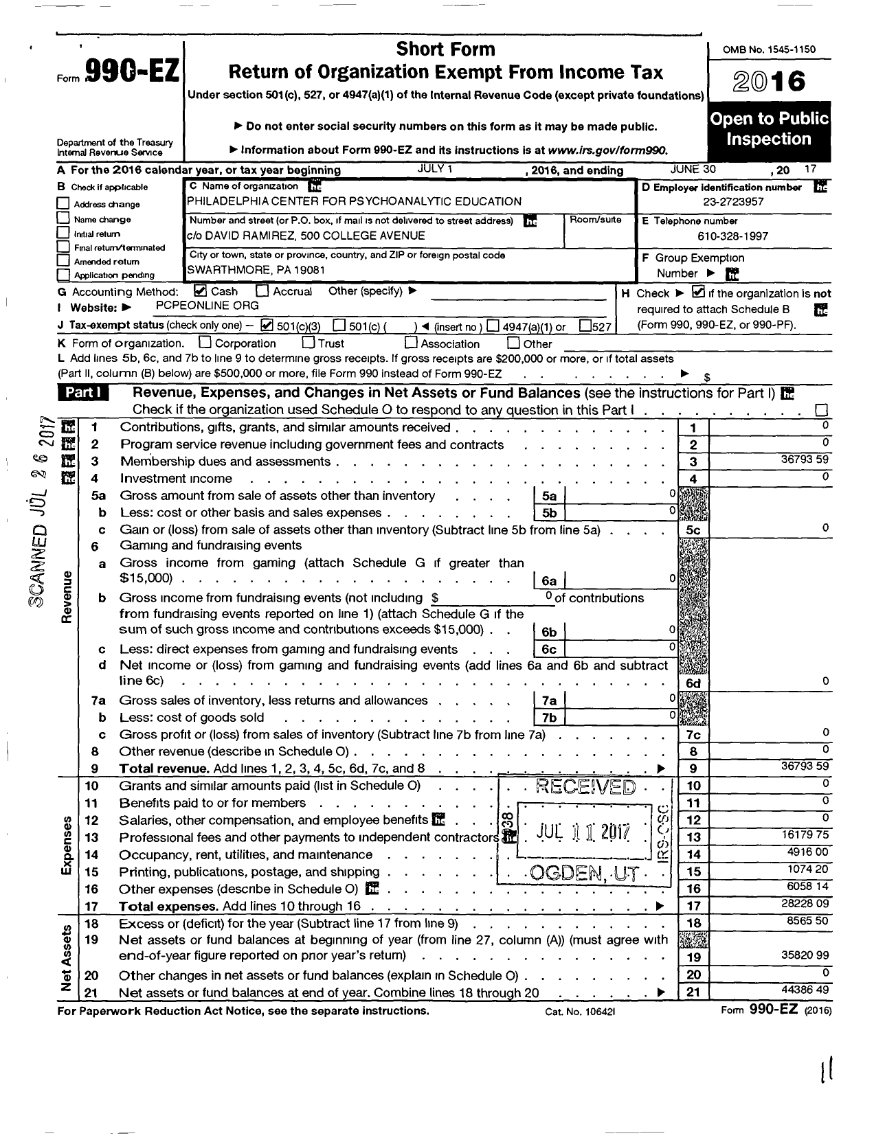 Image of first page of 2016 Form 990EZ for The Philadelphia Center for Psychoanalytic Education