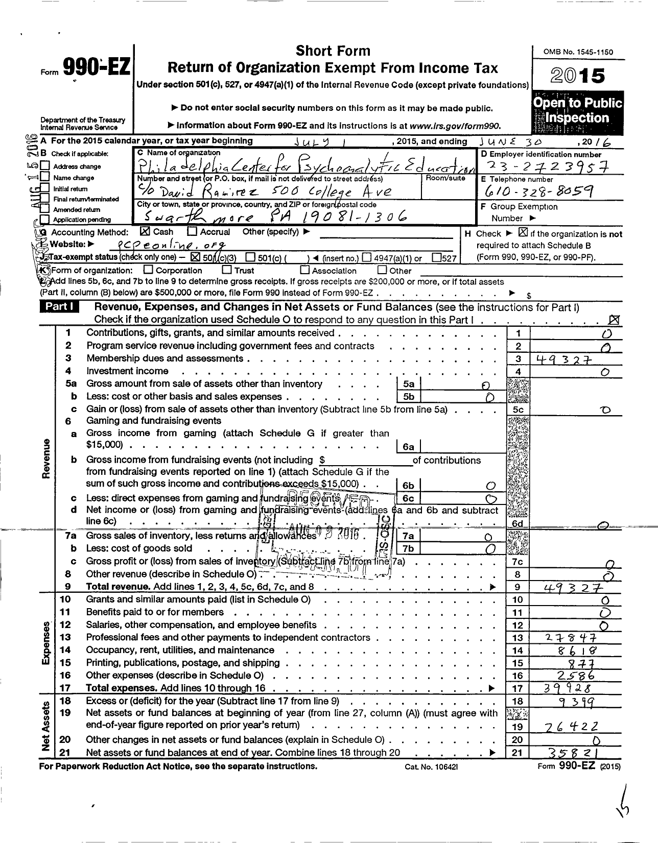 Image of first page of 2015 Form 990EZ for The Philadelphia Center for Psychoanalytic Education