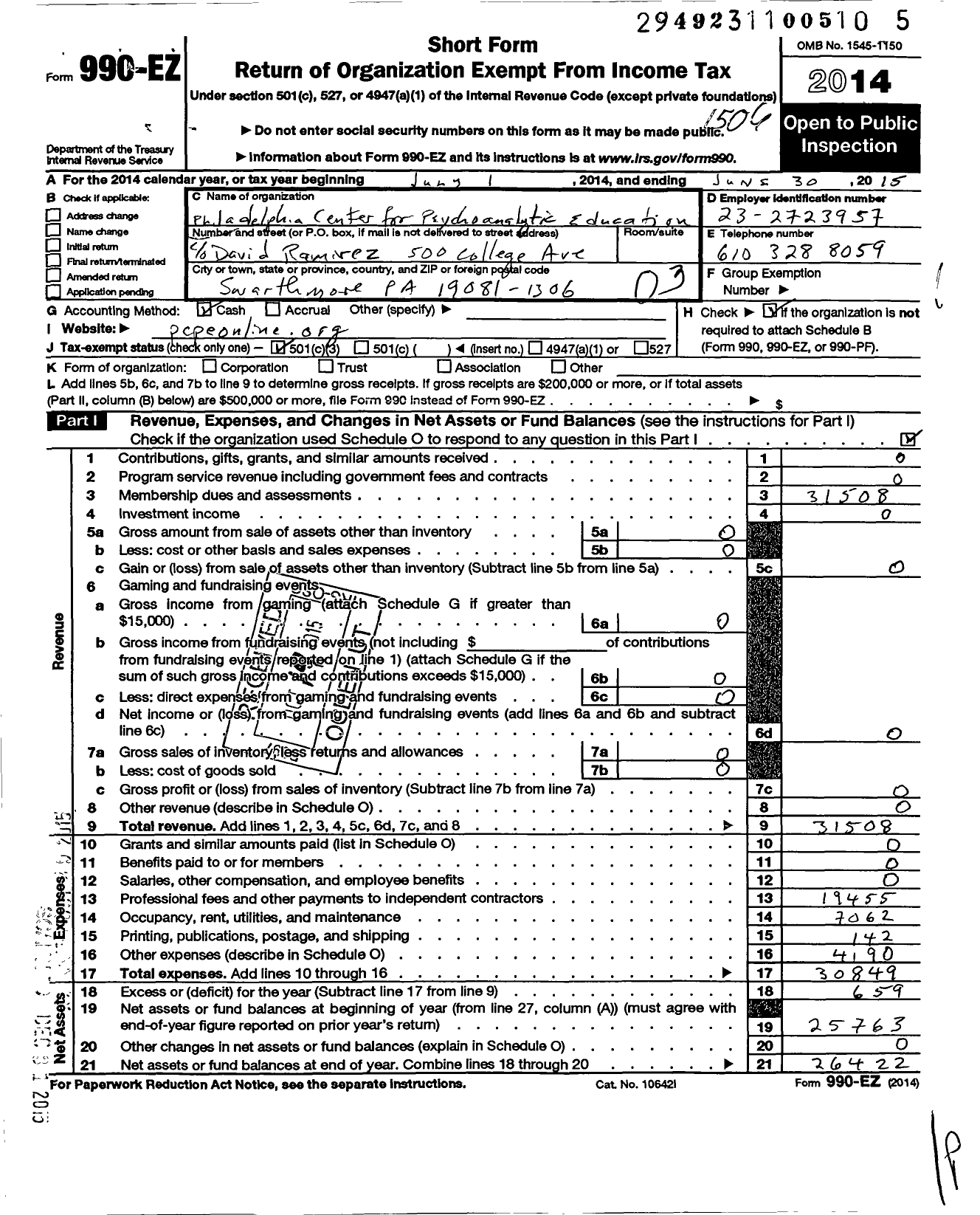 Image of first page of 2014 Form 990EZ for The Philadelphia Center for Psychoanalytic Education