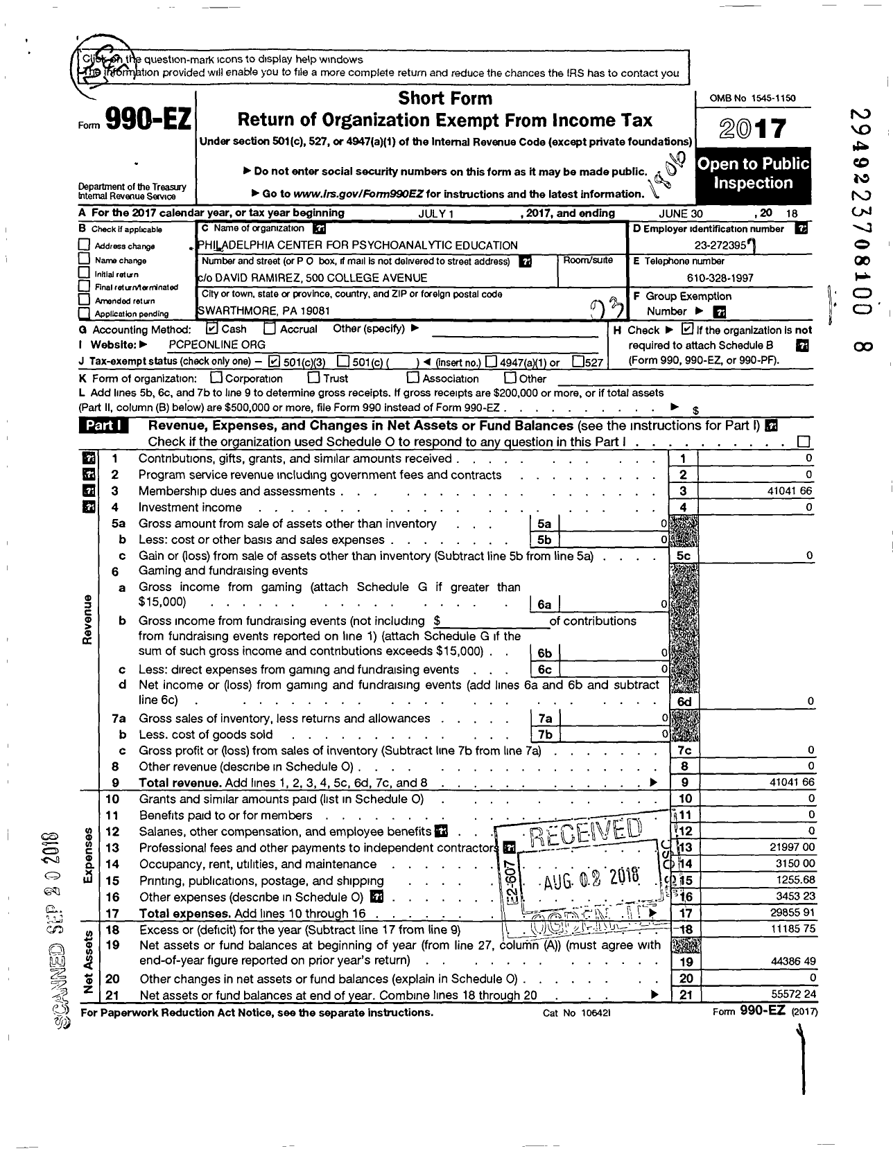 Image of first page of 2017 Form 990EZ for The Philadelphia Center for Psychoanalytic Education