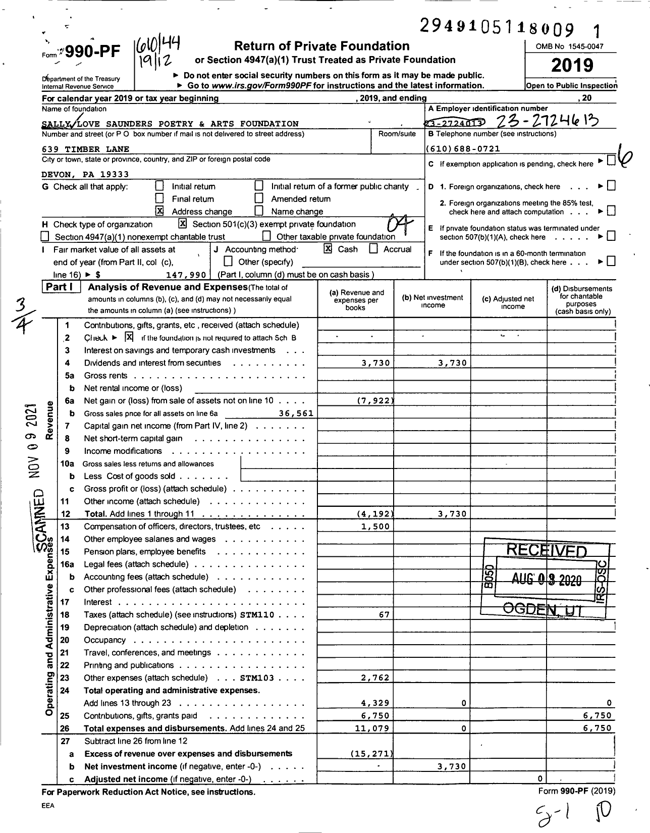 Image of first page of 2019 Form 990PF for Sally Love Saunders Poetry and Arts Foundation