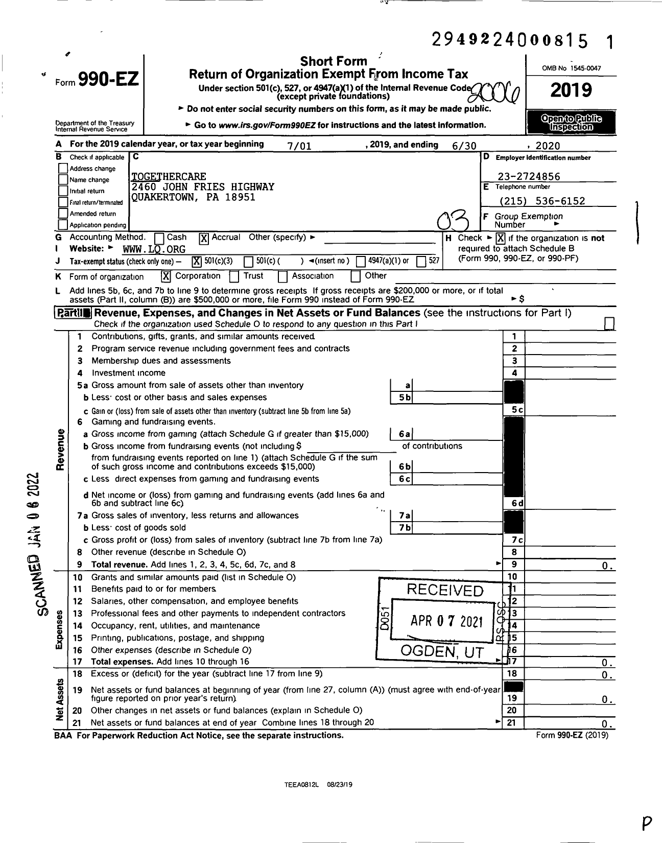 Image of first page of 2019 Form 990EZ for Togethercare