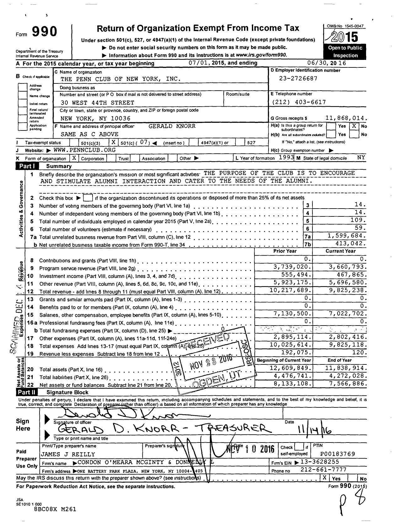 Image of first page of 2015 Form 990O for The Penn Club of New York