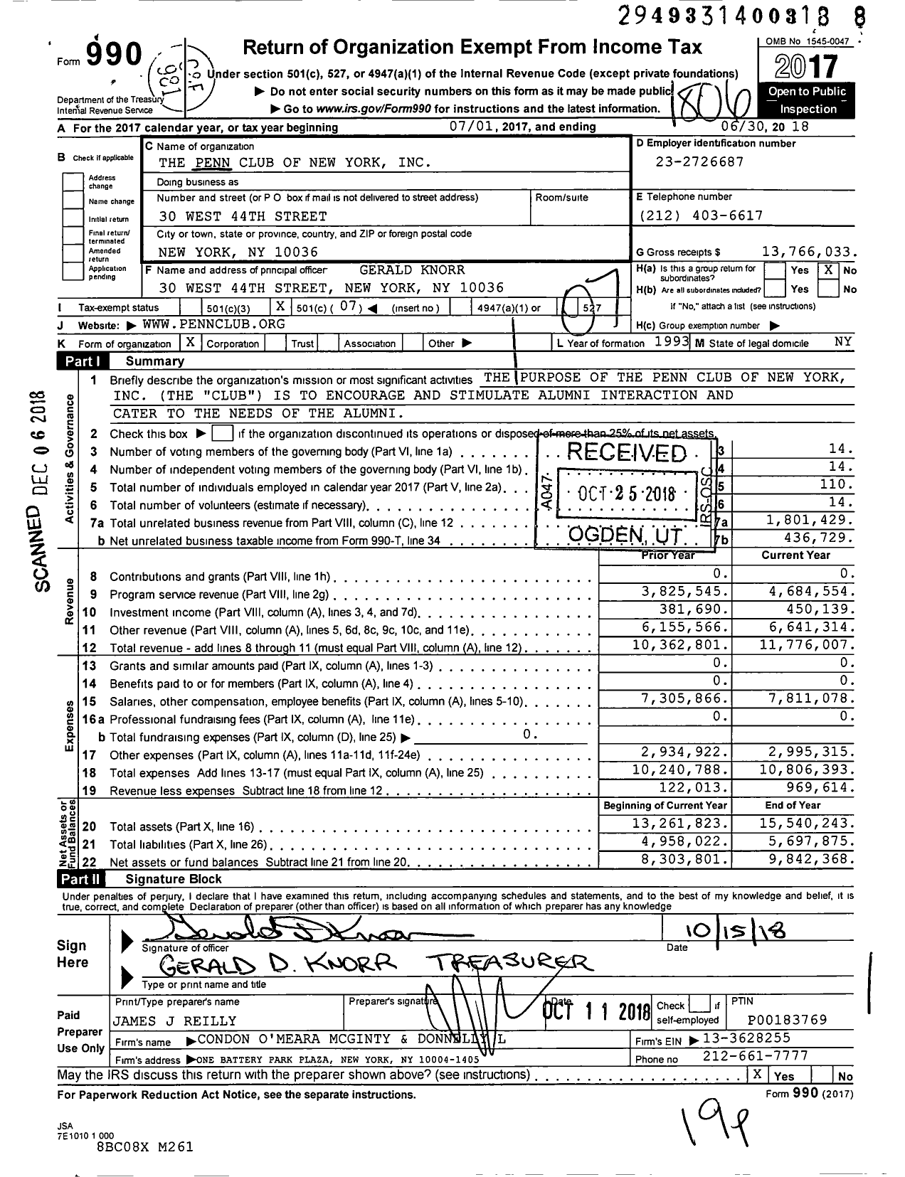 Image of first page of 2017 Form 990O for The Penn Club of New York