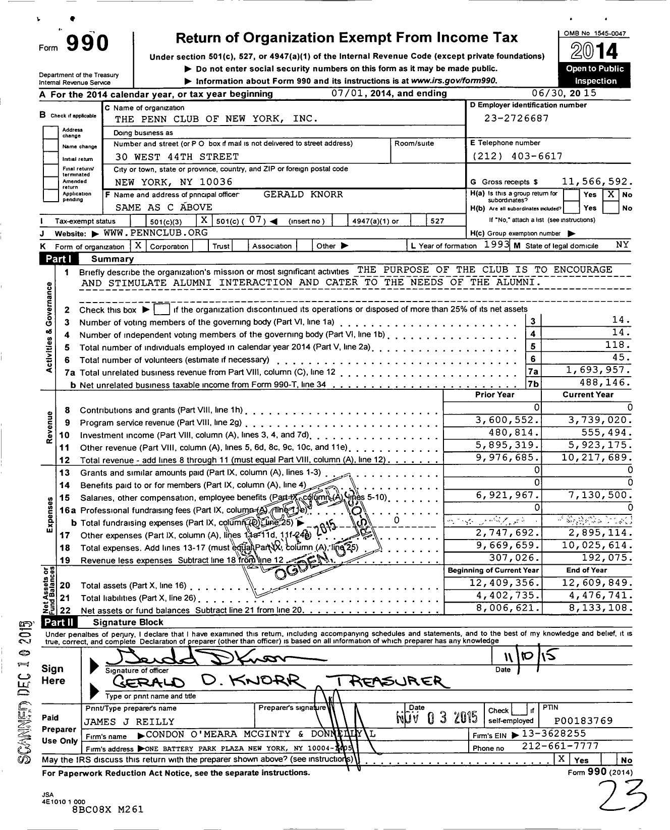 Image of first page of 2014 Form 990O for The Penn Club of New York