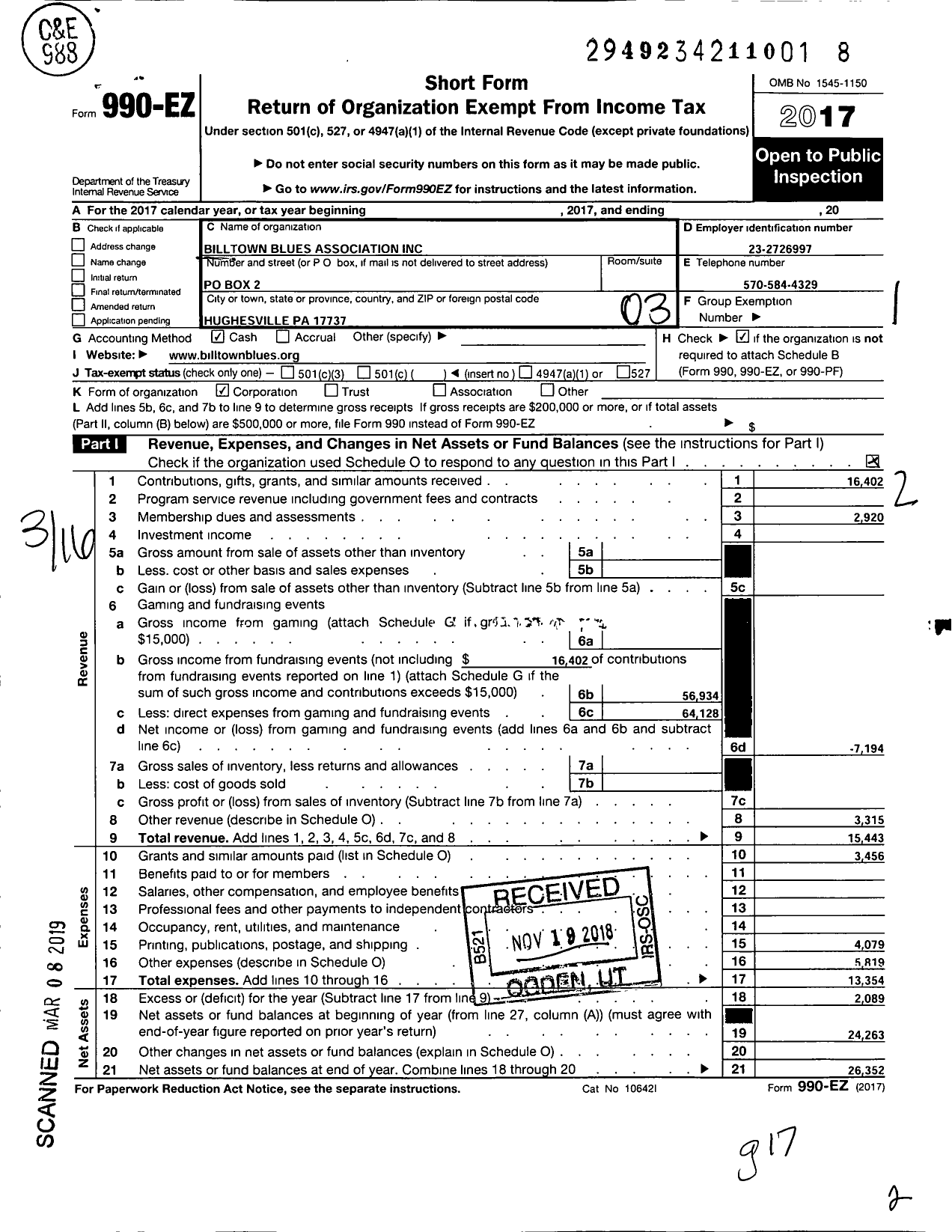 Image of first page of 2017 Form 990EZ for Billtown Blues Association