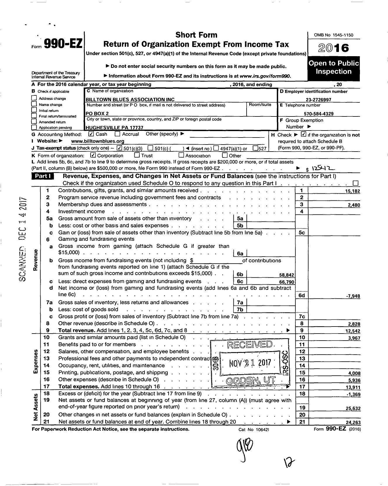 Image of first page of 2016 Form 990EZ for Billtown Blues Association