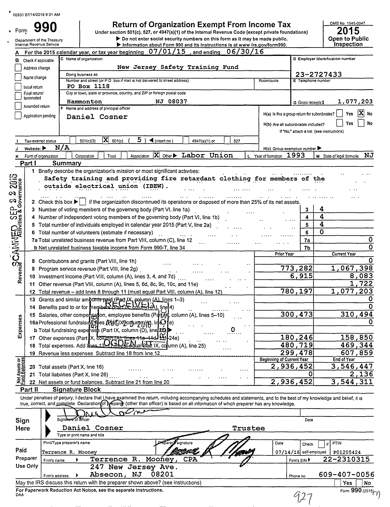 Image of first page of 2015 Form 990O for New Jersey Safety Training Fund