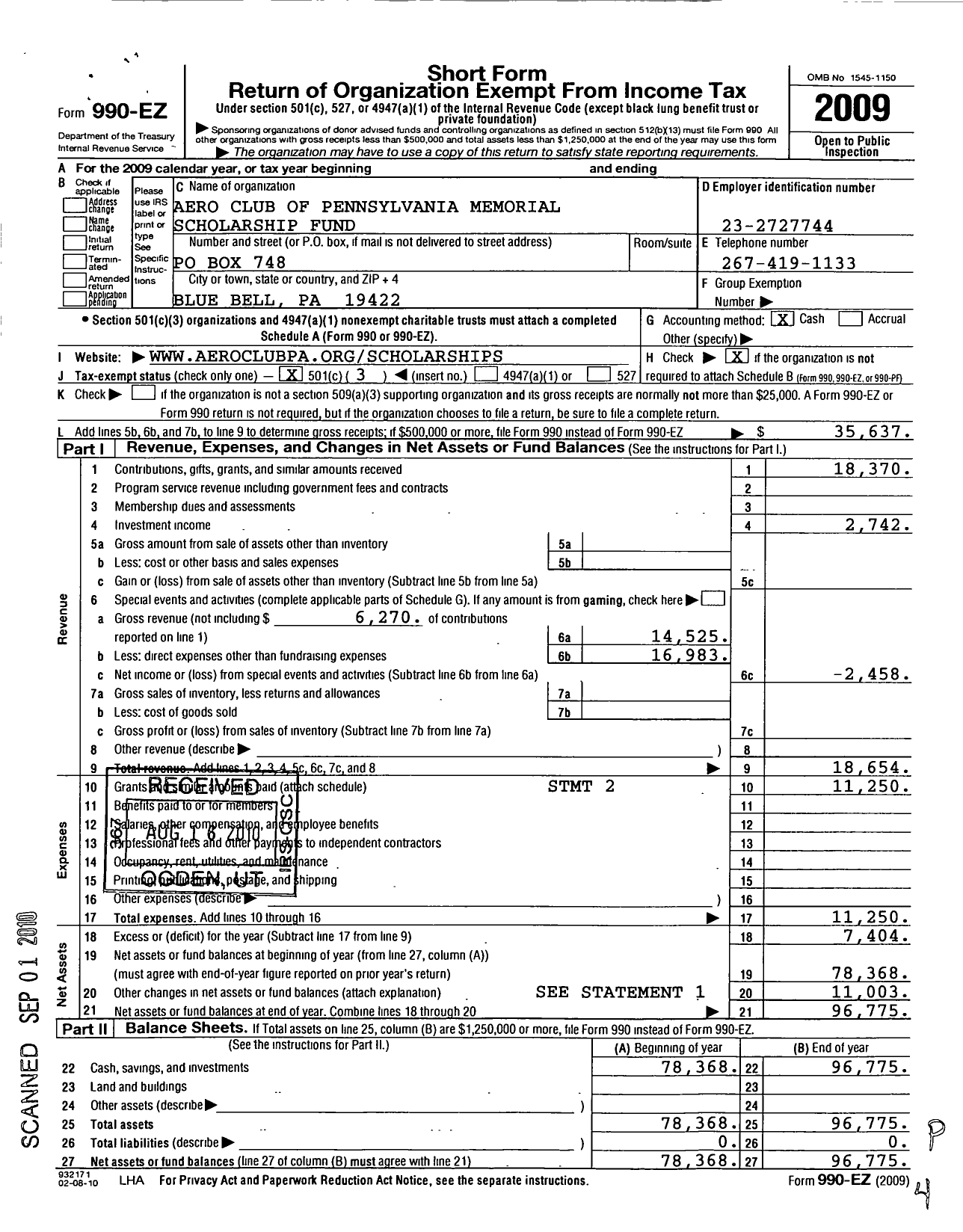 Image of first page of 2009 Form 990EZ for Aero Club of Pennsylvania Memorial Scholarship Fund