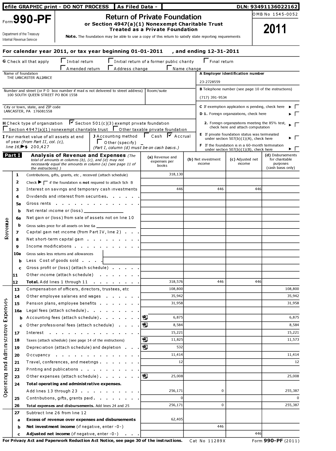 Image of first page of 2011 Form 990PF for The Lancaster Alliance