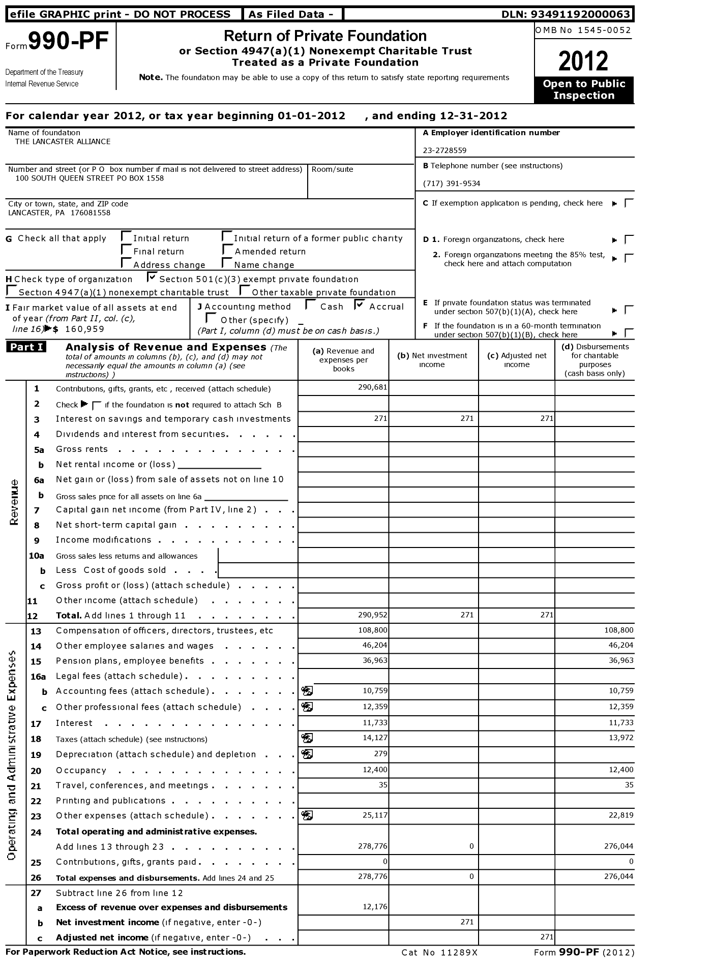 Image of first page of 2012 Form 990PF for The Lancaster Alliance