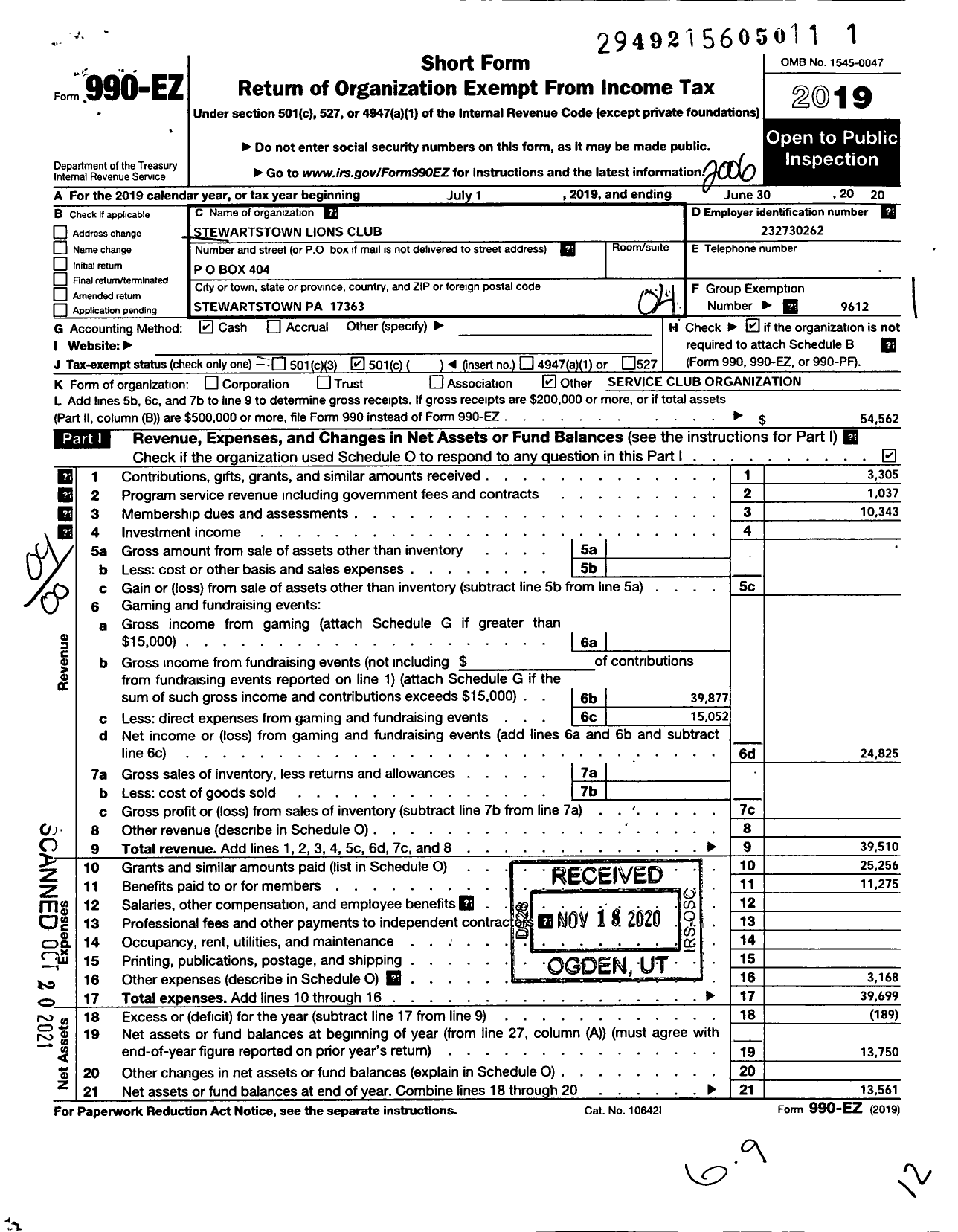 Image of first page of 2019 Form 990EO for Lions Clubs - 5839 Stewartstown