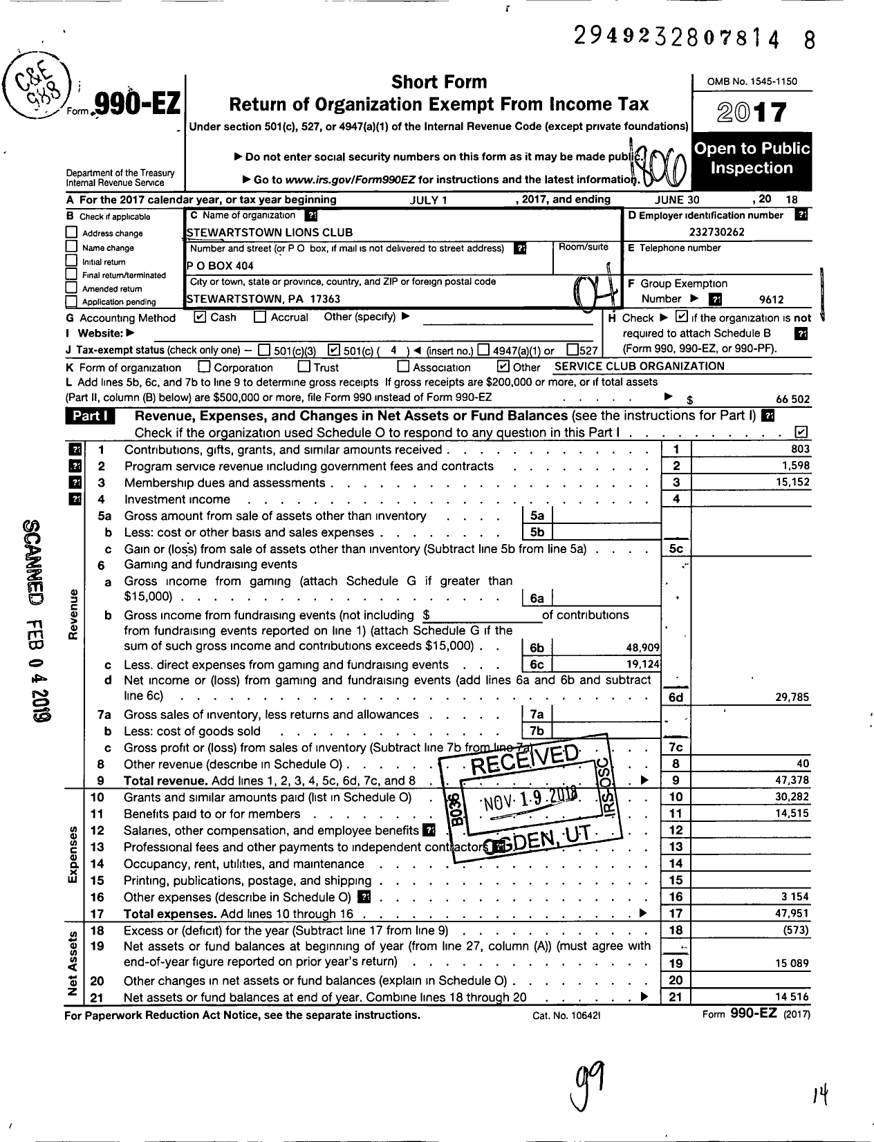 Image of first page of 2017 Form 990EO for Lions Clubs - 5839 Stewartstown