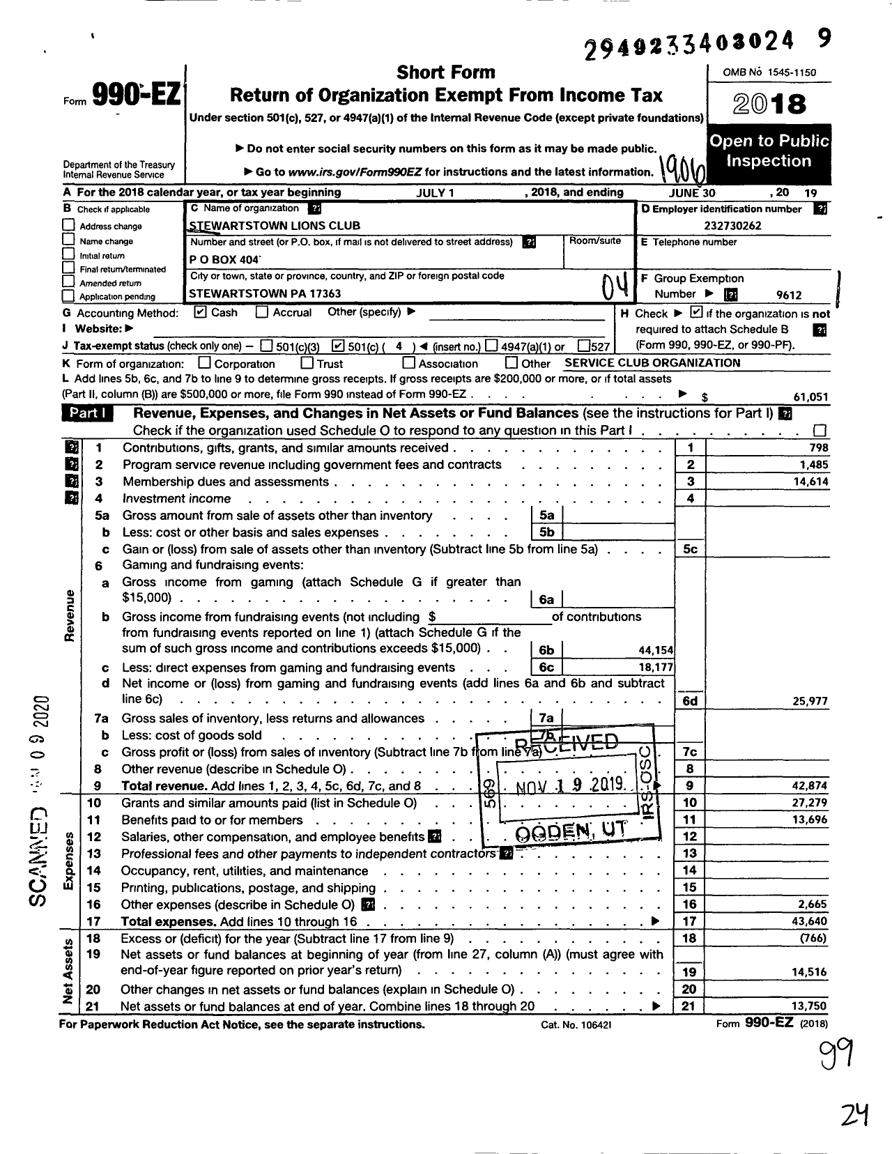 Image of first page of 2018 Form 990EO for Lions Clubs - 5839 Stewartstown