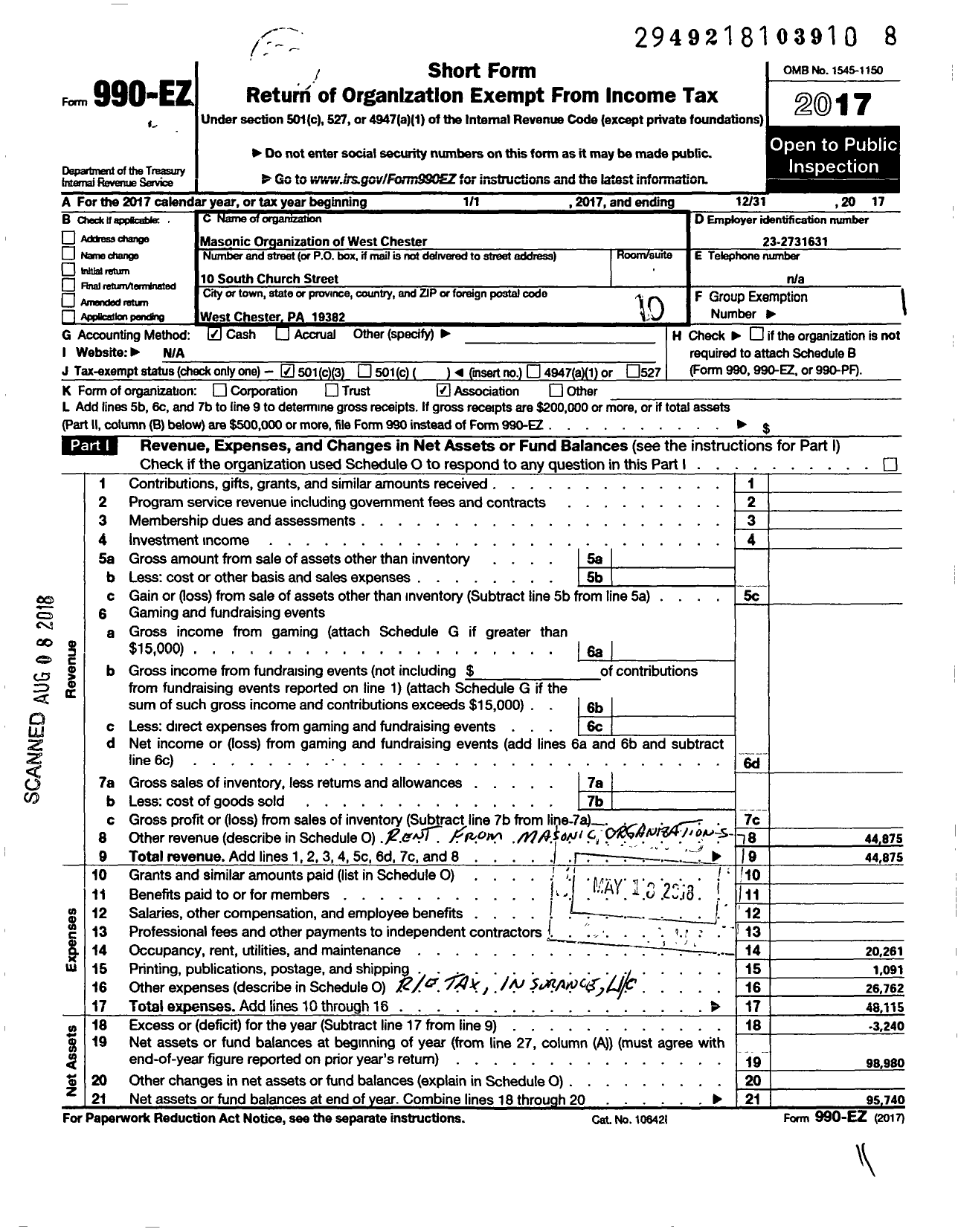 Image of first page of 2017 Form 990EO for Masonic Association of West Chester Pennsylvania