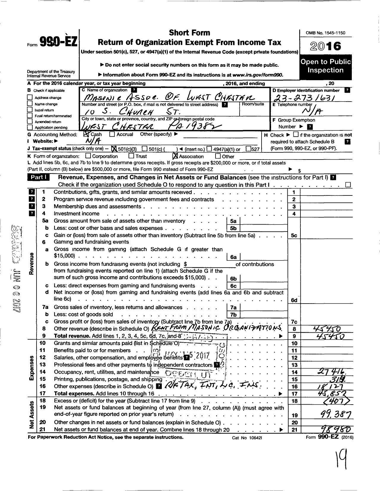 Image of first page of 2016 Form 990EZ for Masonic Association of West Chester Pennsylvania