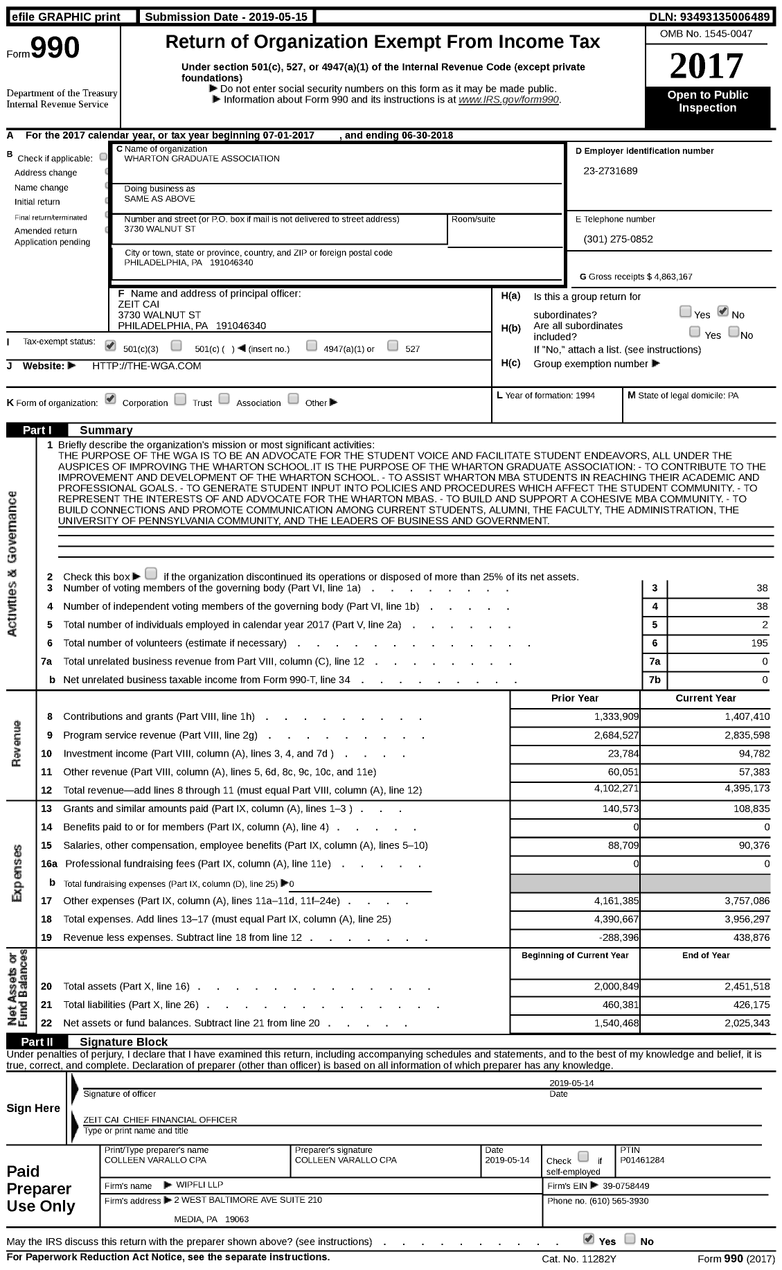 Image of first page of 2017 Form 990 for Wharton Graduate Association (WGA)