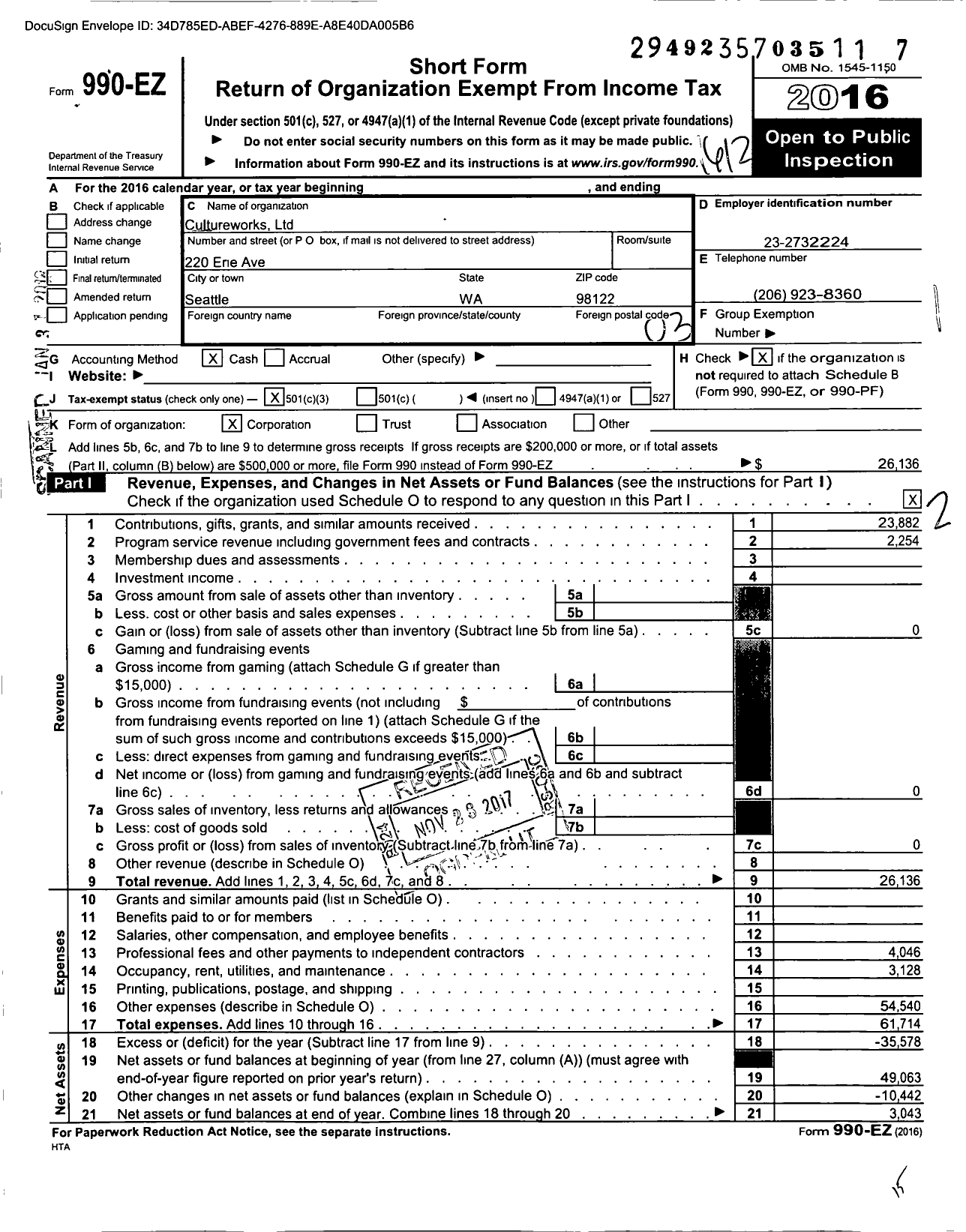 Image of first page of 2016 Form 990EZ for CultureWorks