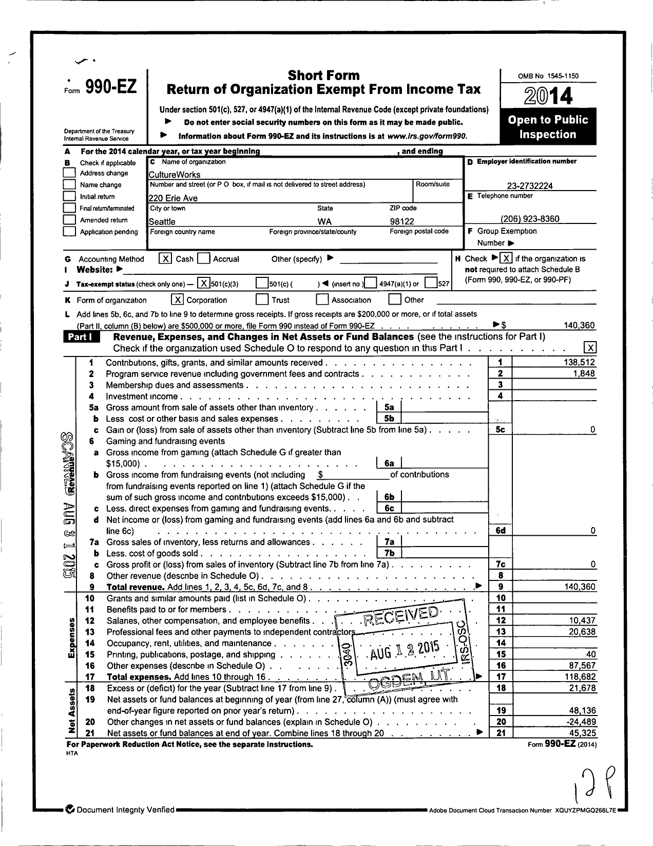 Image of first page of 2014 Form 990EZ for CultureWorks