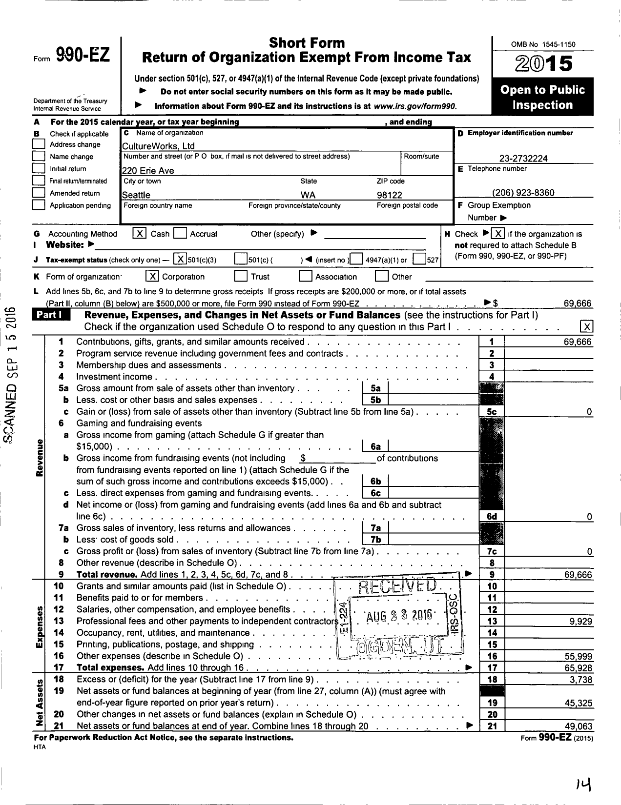 Image of first page of 2015 Form 990EZ for CultureWorks