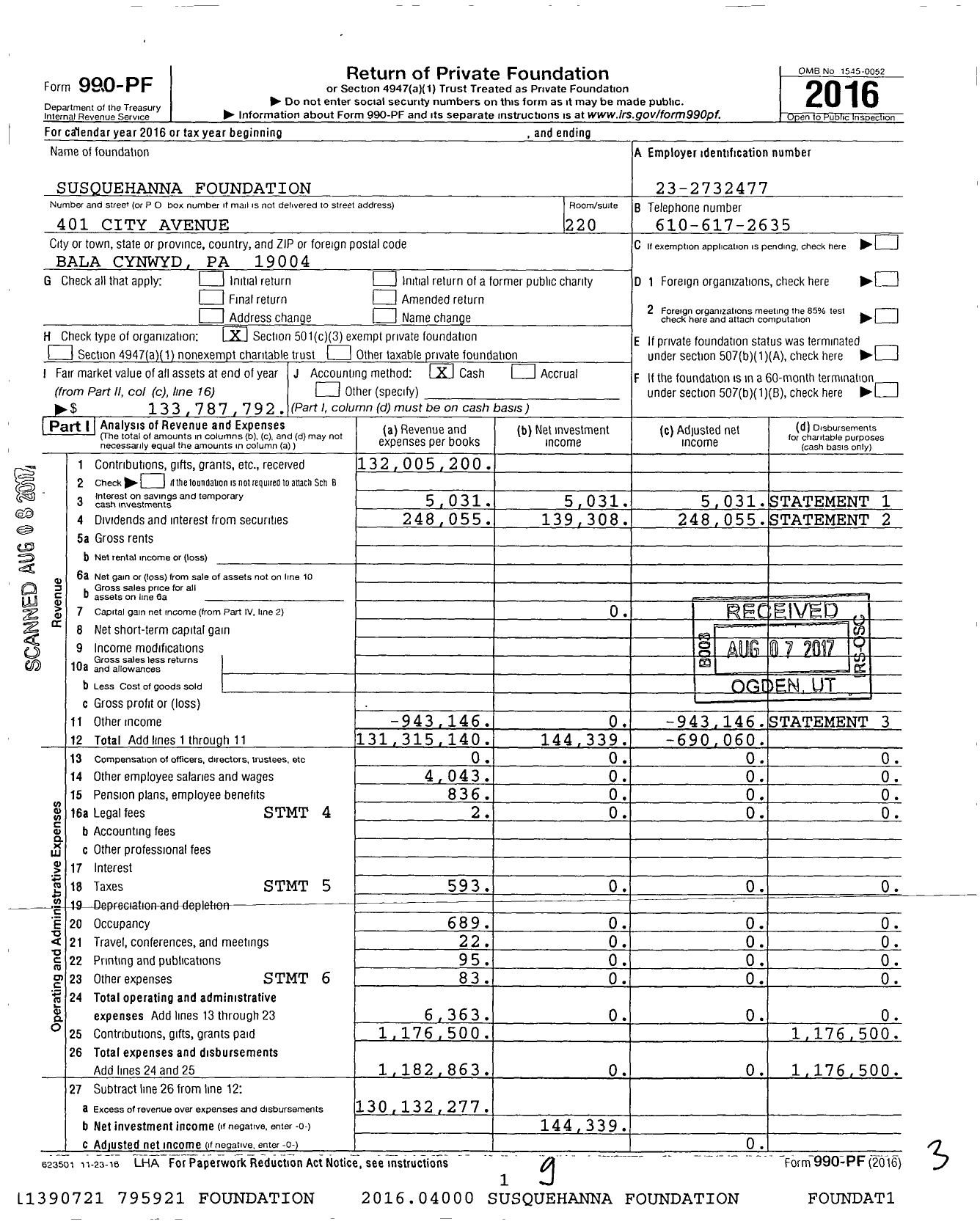 Image of first page of 2016 Form 990PF for Susquehanna Foundation
