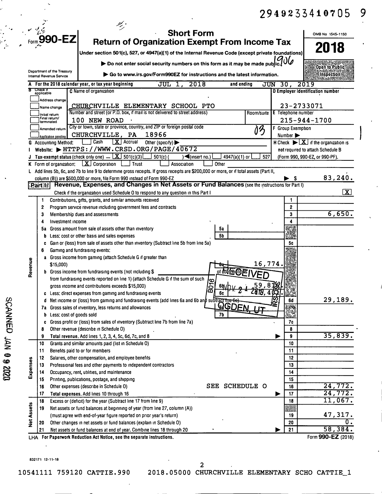 Image of first page of 2018 Form 990EZ for Churchville Elementary School Parent Teacher Organization